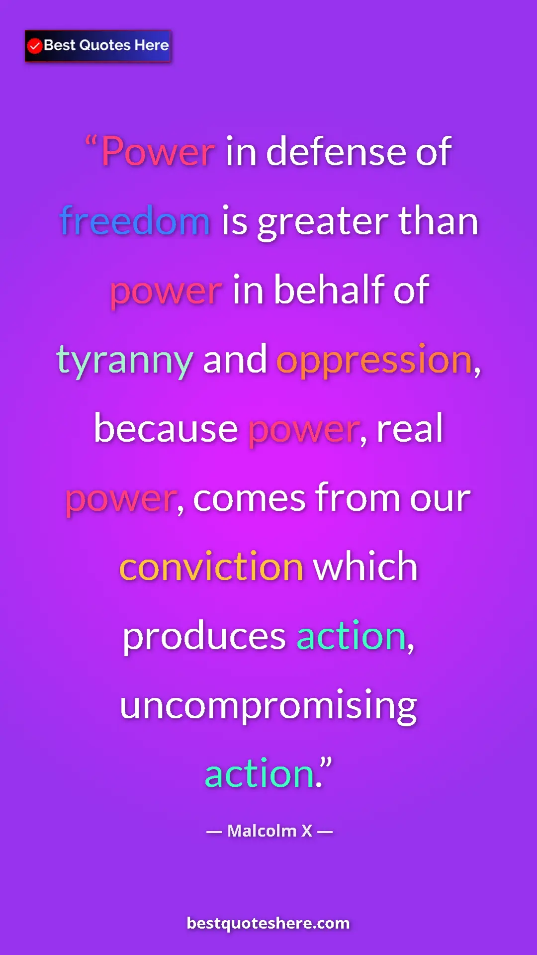 Malcolm X Quote Card: "Power in defense of freedom is greater than power in behalf..." Pinterest quote poster by Malcolm X: "Power in defense of freedom is greater than power in behalf..."
