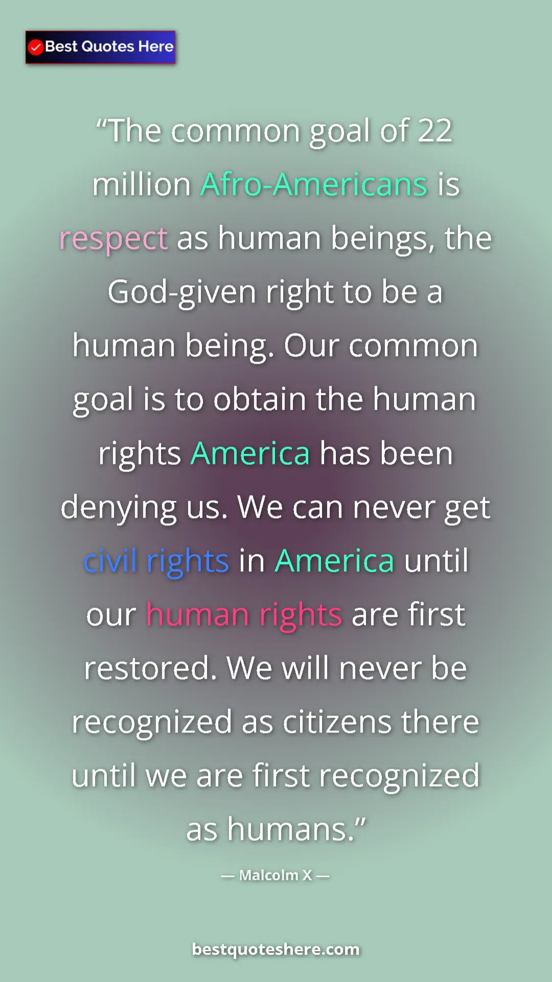 Malcolm X Quote Card: "The common goal of 22 million Afro-Americans is respect as..." Pinterest quote poster by Malcolm X: "The common goal of 22 million Afro-Americans is respect as..."