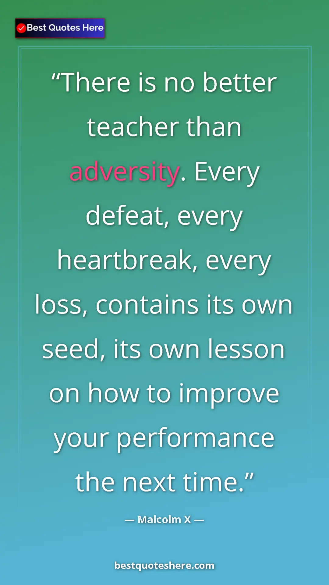 Malcolm X Quote Card: "There is no better teacher than adversity. Every defeat,..." Pinterest quote poster by Malcolm X: "There is no better teacher than adversity. Every defeat,..."