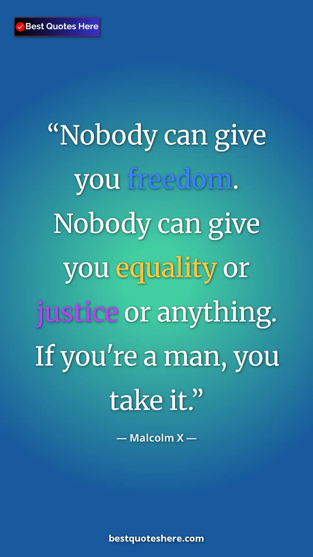 Malcolm X Quote Card: "Nobody can give you freedom. Nobody can give you equality..." Pinterest quote poster by Malcolm X: "Nobody can give you freedom. Nobody can give you equality..."