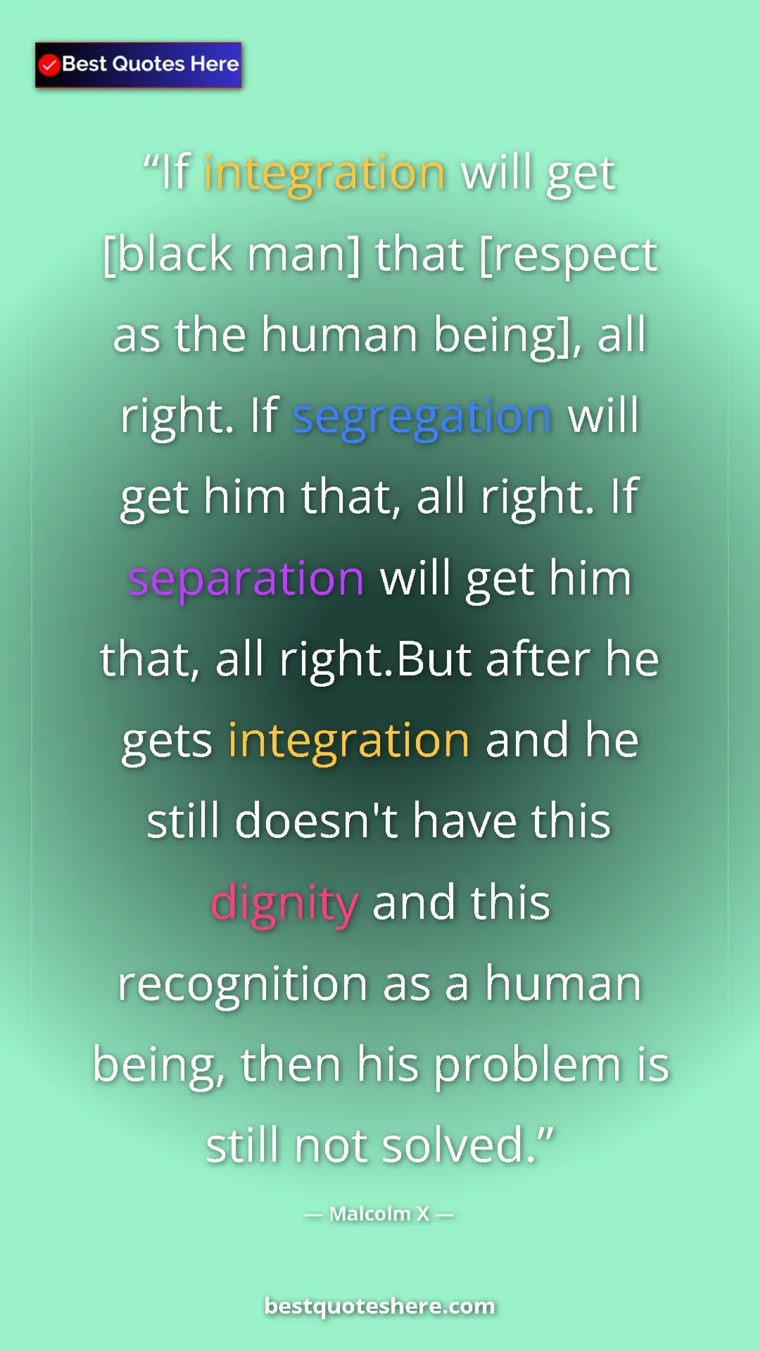 Pinterest quote poster by Malcolm X: "If integration will get [black man] that [respect as the..."