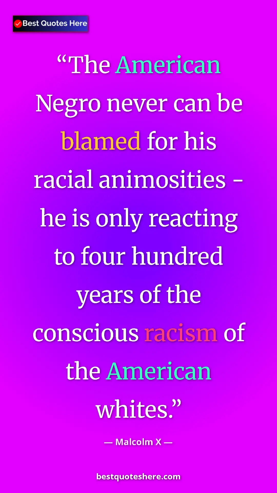 Malcolm X Quote Card: "The American Negro never can be blamed for his racial..." Pinterest quote poster by Malcolm X: "The American Negro never can be blamed for his racial..."