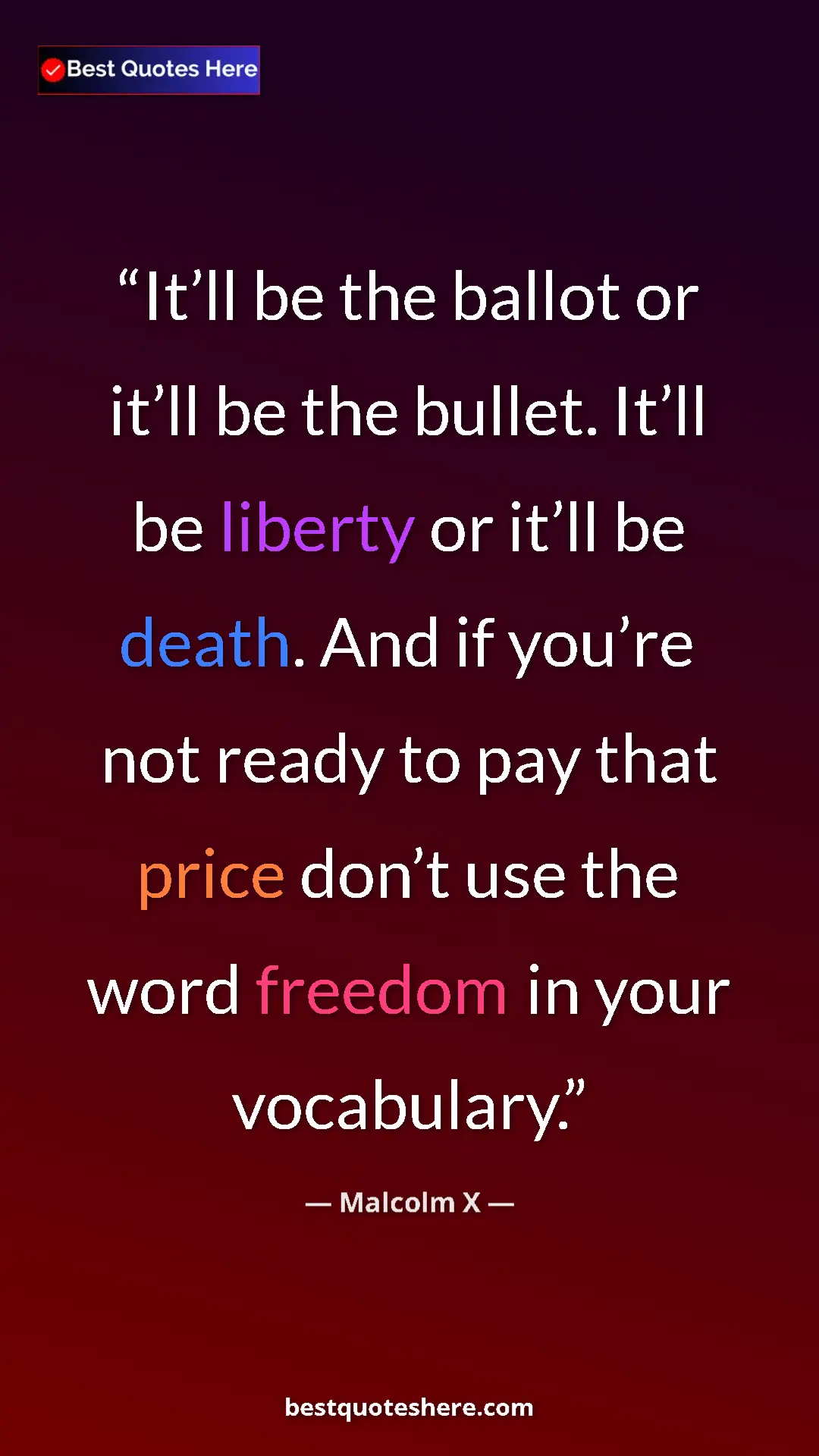 Pinterest quote poster by Malcolm X: "It’ll be the ballot or it’ll be the bullet. It’ll be..."