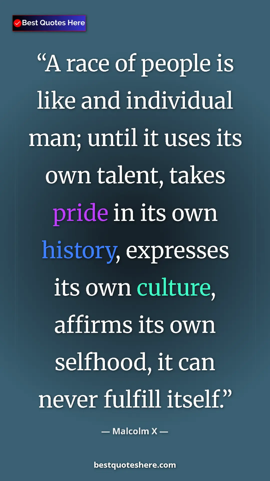 Malcolm X Quote Card: "A race of people is like and individual man; until it uses..." Pinterest quote poster by Malcolm X: "A race of people is like and individual man; until it uses..."