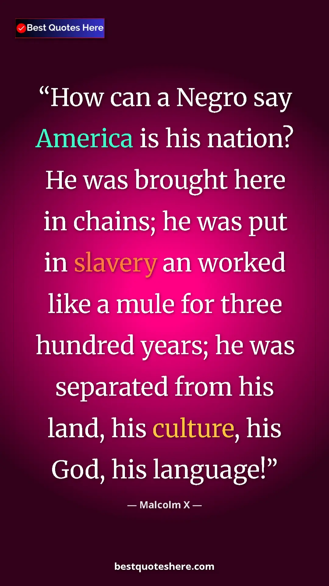 Malcolm X Quote Card: "How can a Negro say America is his nation? He was brought..." Pinterest quote poster by Malcolm X: "How can a Negro say America is his nation? He was brought..."