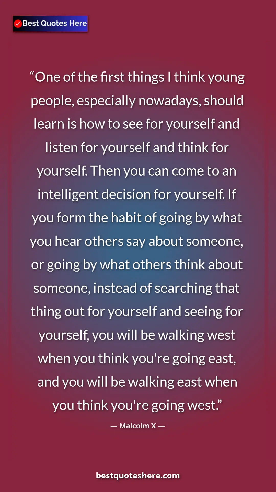 Malcolm X Quote Card: "One of the first things I think young people, especially now" Pinterest quote poster by Malcolm X: "One of the first things I think young people, especially now"