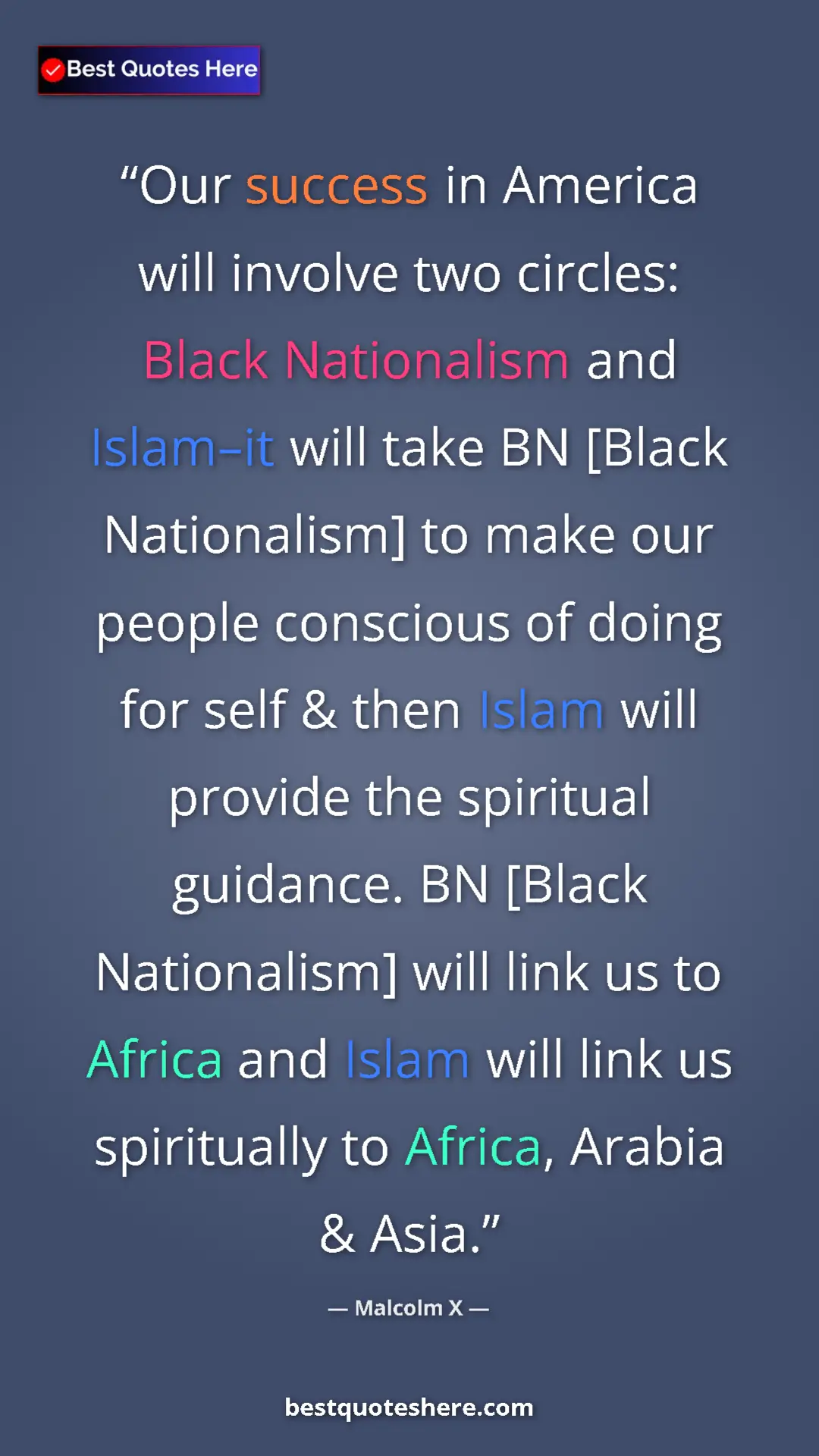 Malcolm X Quote Card: "Our success in America will involve two circles: Black Natio" Pinterest quote poster by Malcolm X: "Our success in America will involve two circles: Black Natio"