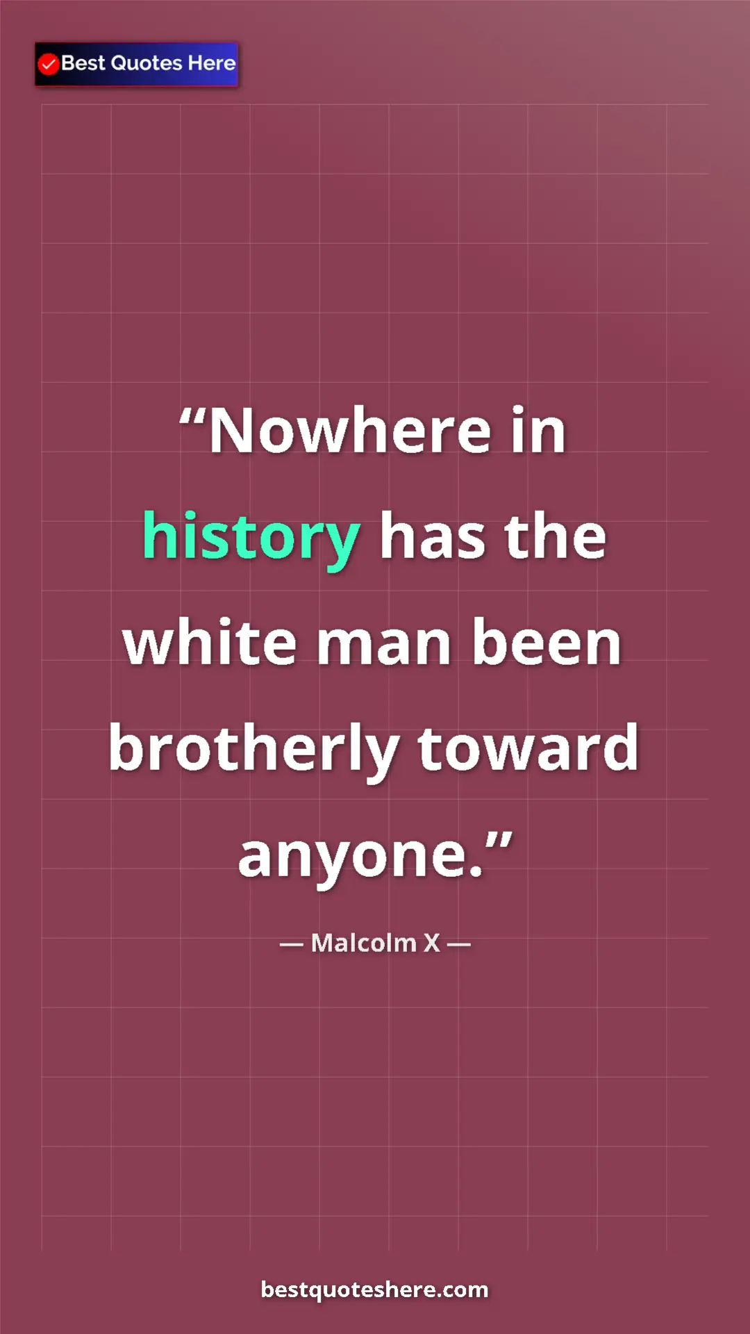 Malcolm X Quote Card: "Nowhere in history has the white man been brotherly toward..." Pinterest quote poster by Malcolm X: "Nowhere in history has the white man been brotherly toward..."