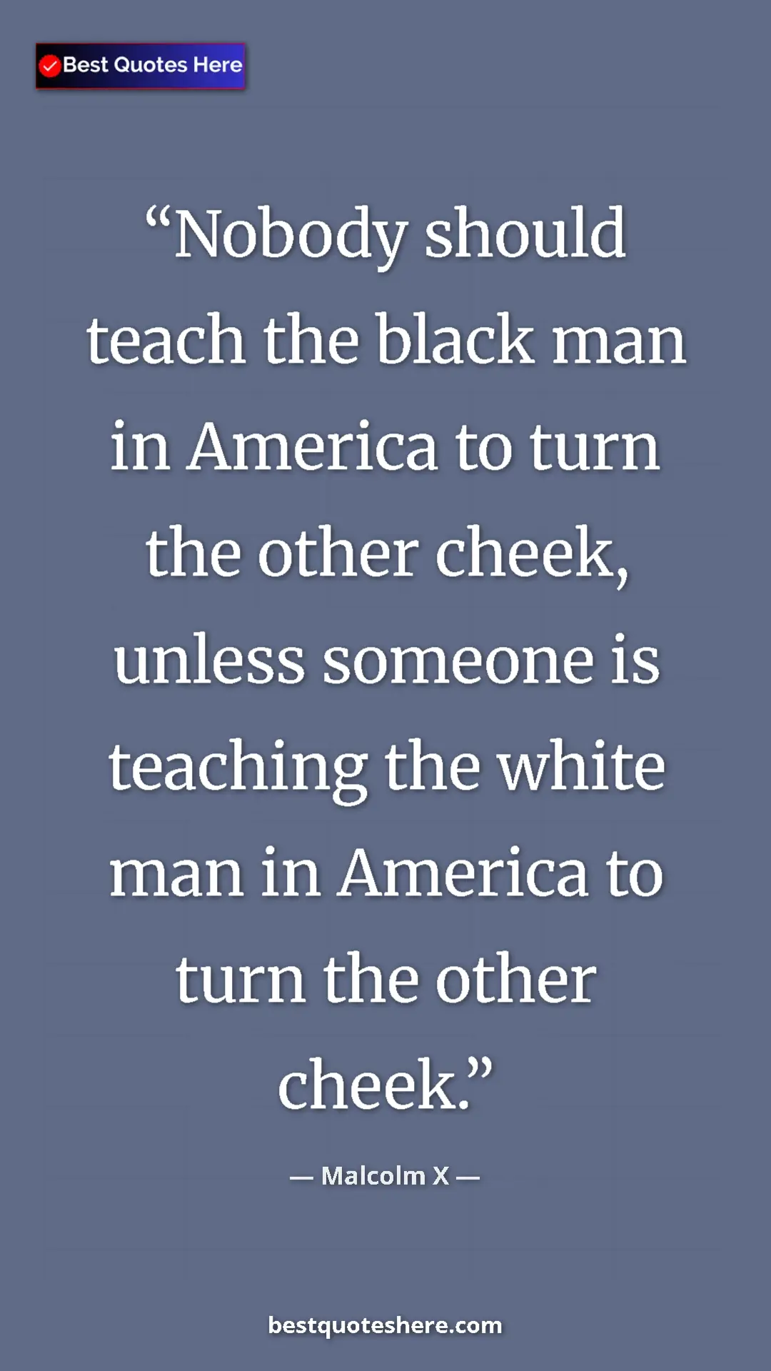 Malcolm X Quote Card: "Nobody should teach the black man in America to turn the..." Pinterest quote poster by Malcolm X: "Nobody should teach the black man in America to turn the..."