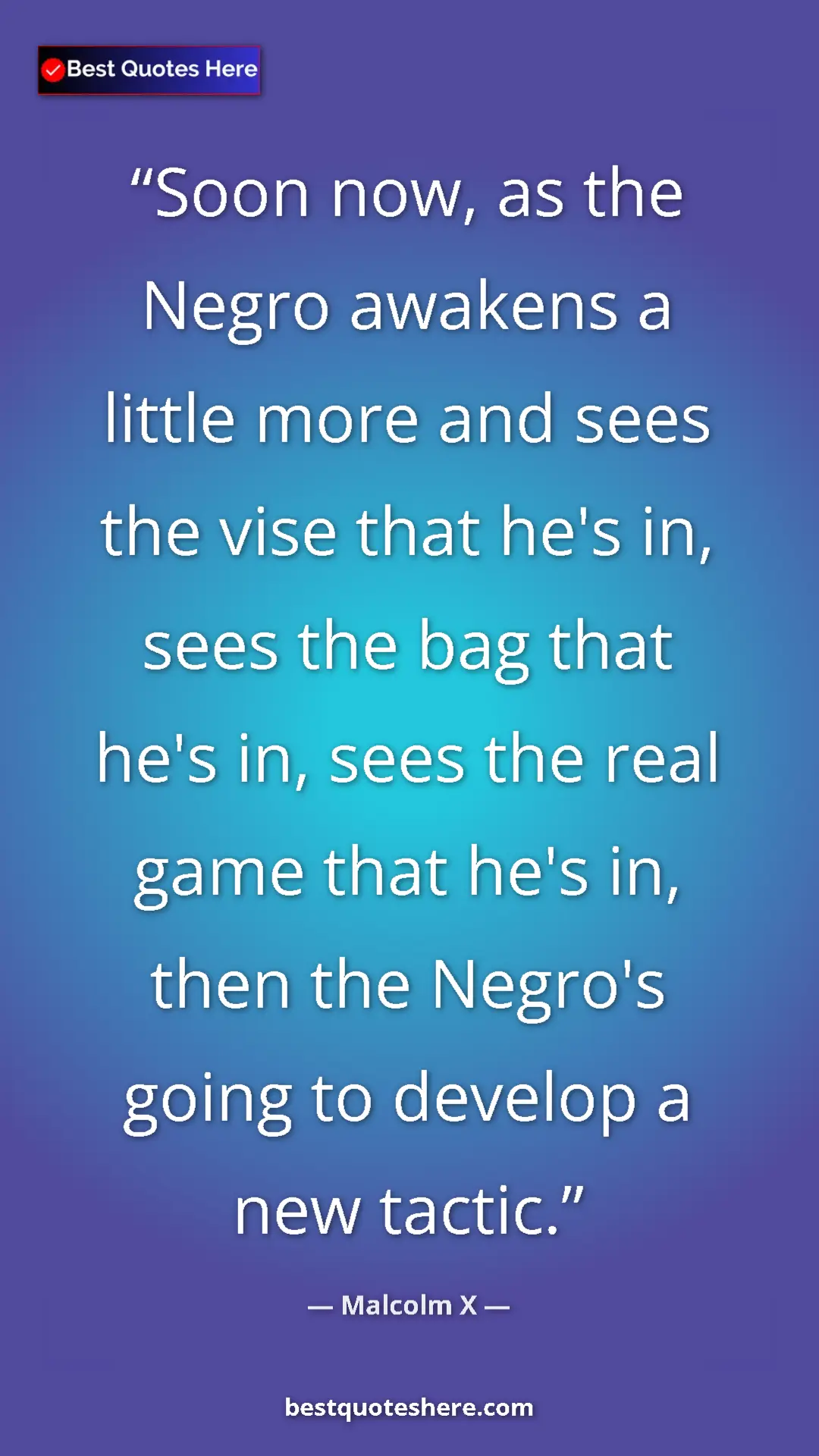 Malcolm X Quote Card: "Soon now, as the Negro awakens a little more and sees the..." Pinterest quote poster by Malcolm X: "Soon now, as the Negro awakens a little more and sees the..."