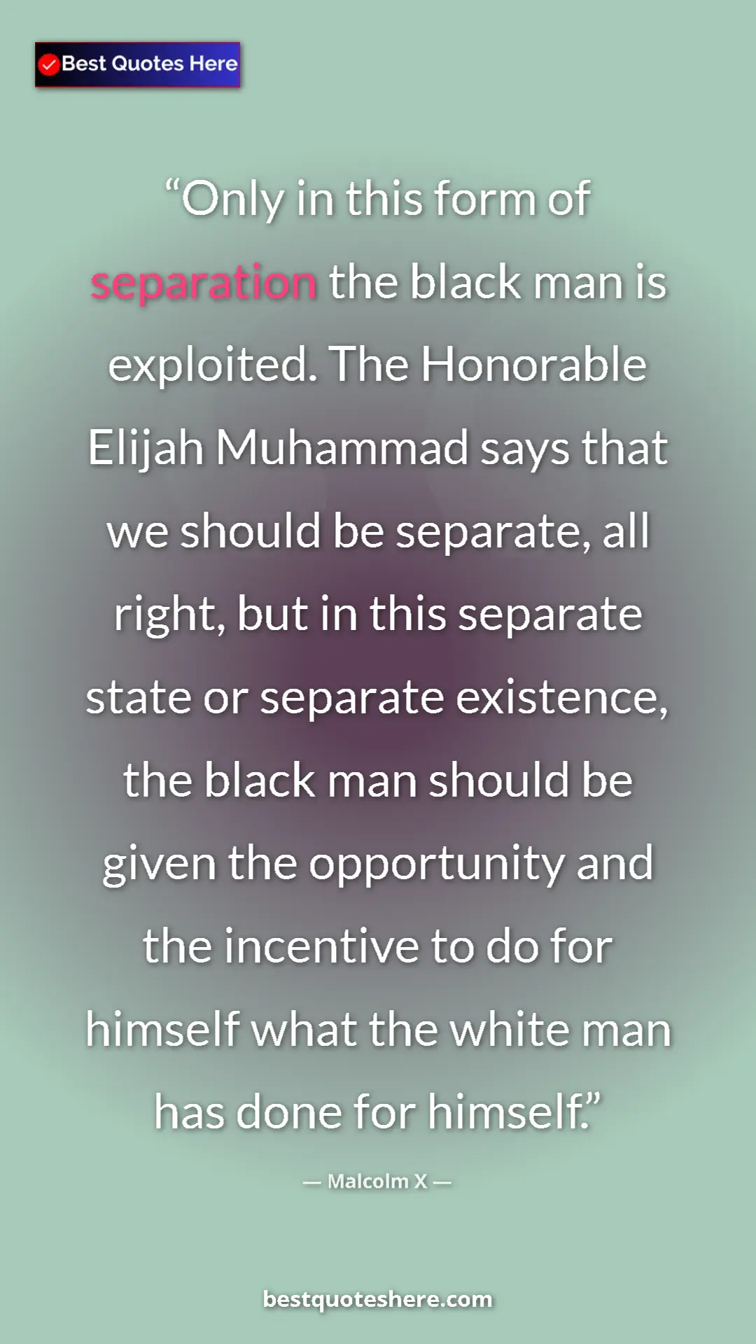 Malcolm X Quote Card: "Only in this form of separation the black man is exploited...." Pinterest quote poster by Malcolm X: "Only in this form of separation the black man is exploited...."