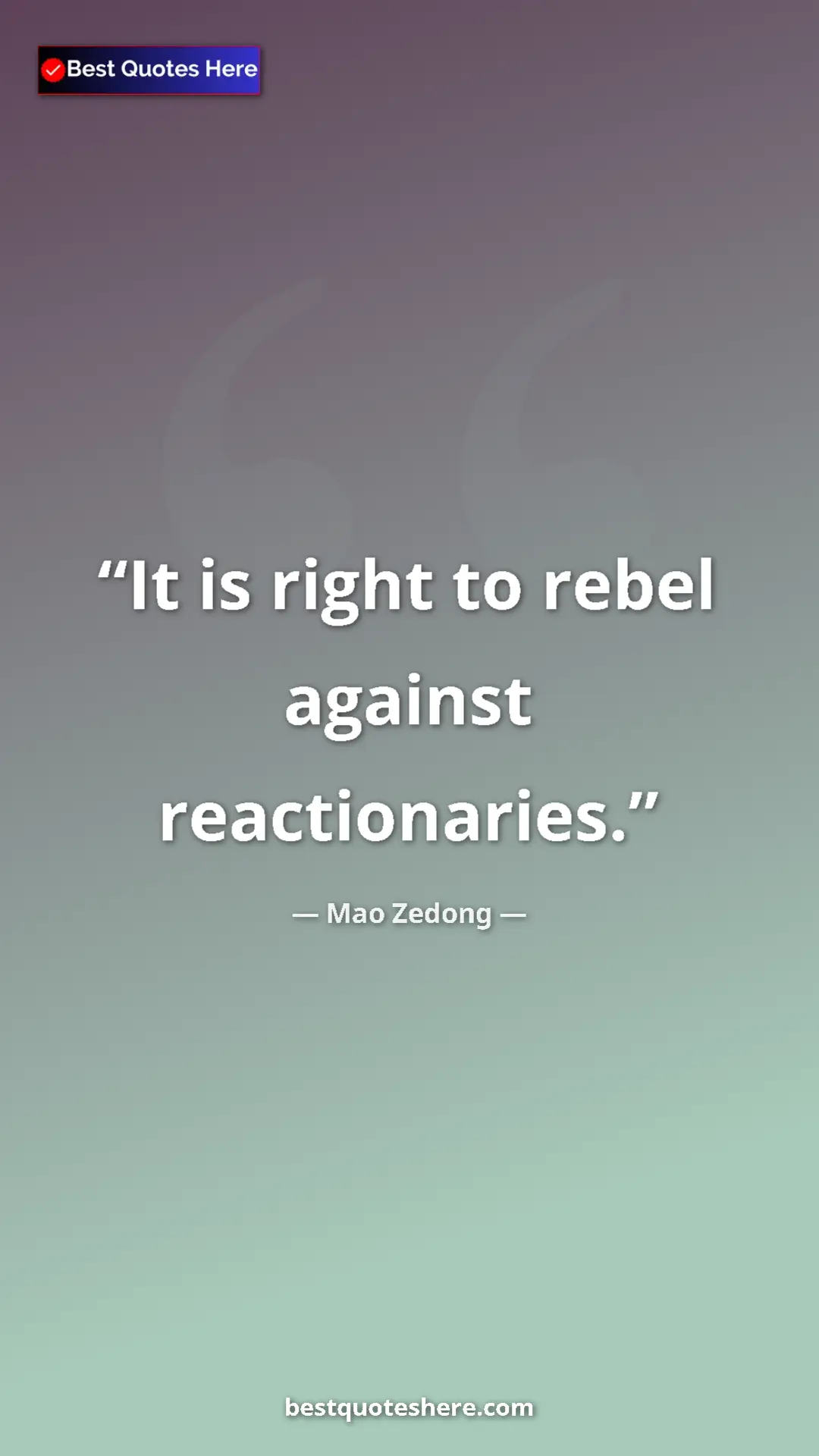 Mao Zedong Quote Card: "It is right to rebel against reactionaries." Pinterest quote poster by Mao Zedong: "It is right to rebel against reactionaries."