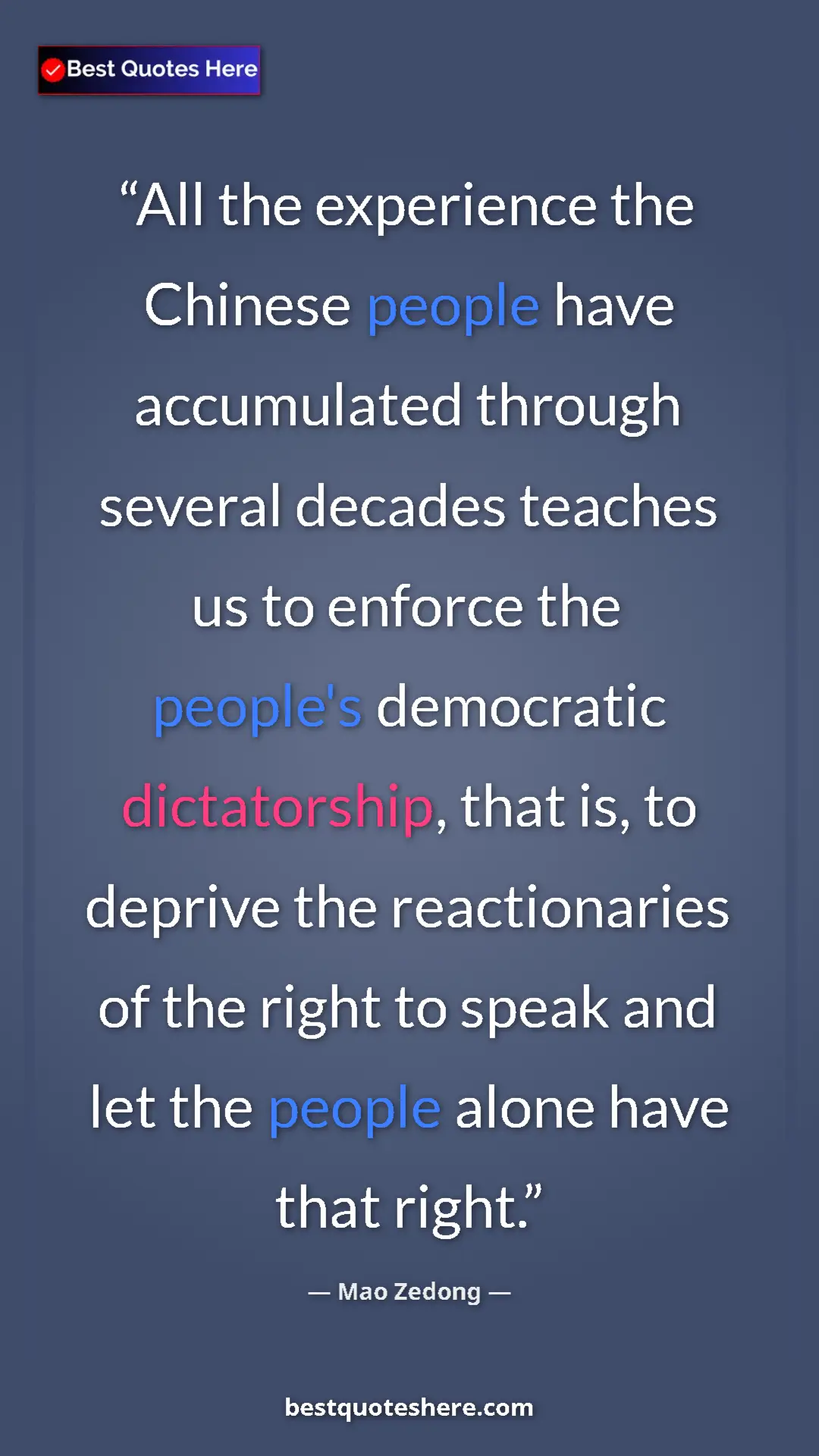 Mao Zedong Quote Card: "All the experience the Chinese people have accumulated..." Pinterest quote poster by Mao Zedong: "All the experience the Chinese people have accumulated..."