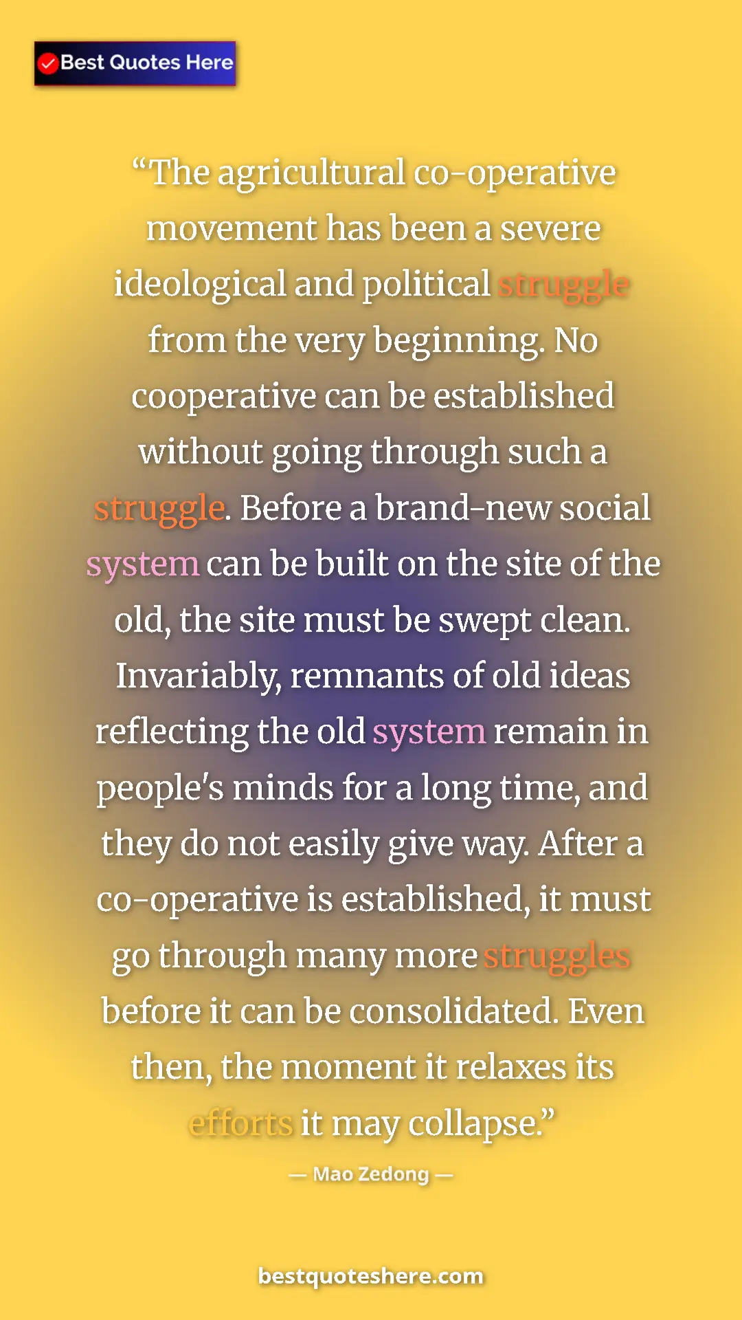 Mao Zedong Quote Card: "The agricultural co-operative movement has been a severe..." Pinterest quote poster by Mao Zedong: "The agricultural co-operative movement has been a severe..."