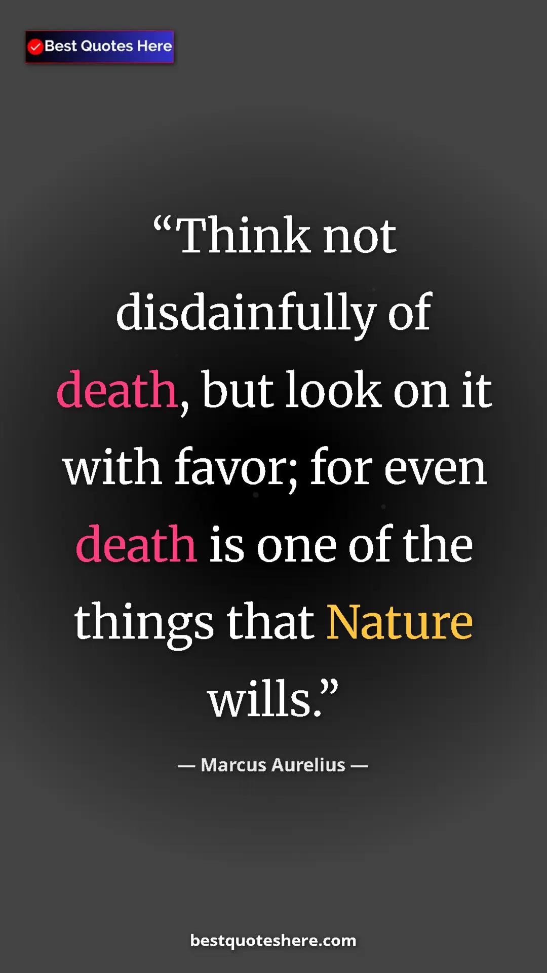 Pinterest quote poster by Marcus Aurelius: "Think not disdainfully of death, but look on it with favor;..."