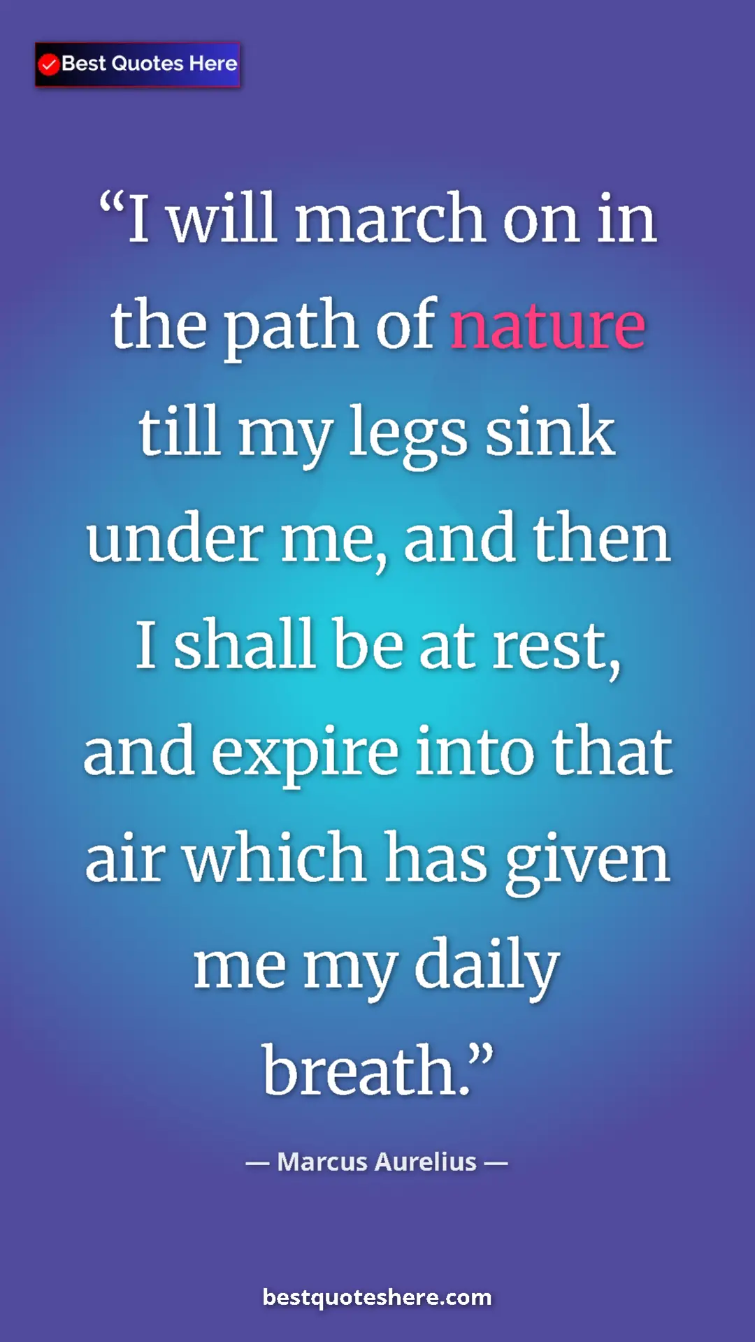 Pinterest quote poster by Marcus Aurelius: "I will march on in the path of nature till my legs sink..."