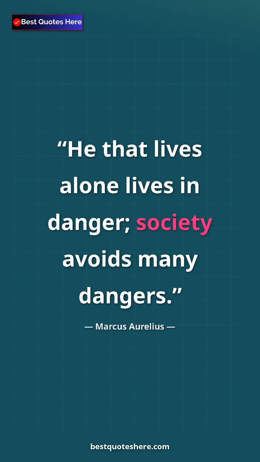 Pinterest quote poster by Marcus Aurelius: "He that lives alone lives in danger; society avoids many..."