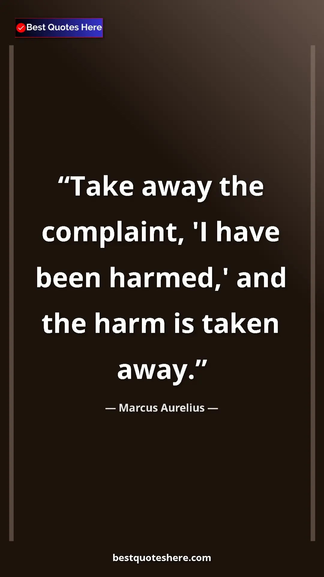 Pinterest quote poster by Marcus Aurelius: "Take away the complaint, 'I have been harmed,' and the harm..."