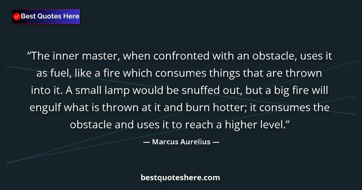 Quote by Marcus Aurelius: The inner master, when confronted with an obstacle, uses it as fuel, like a fire which consumes thin...