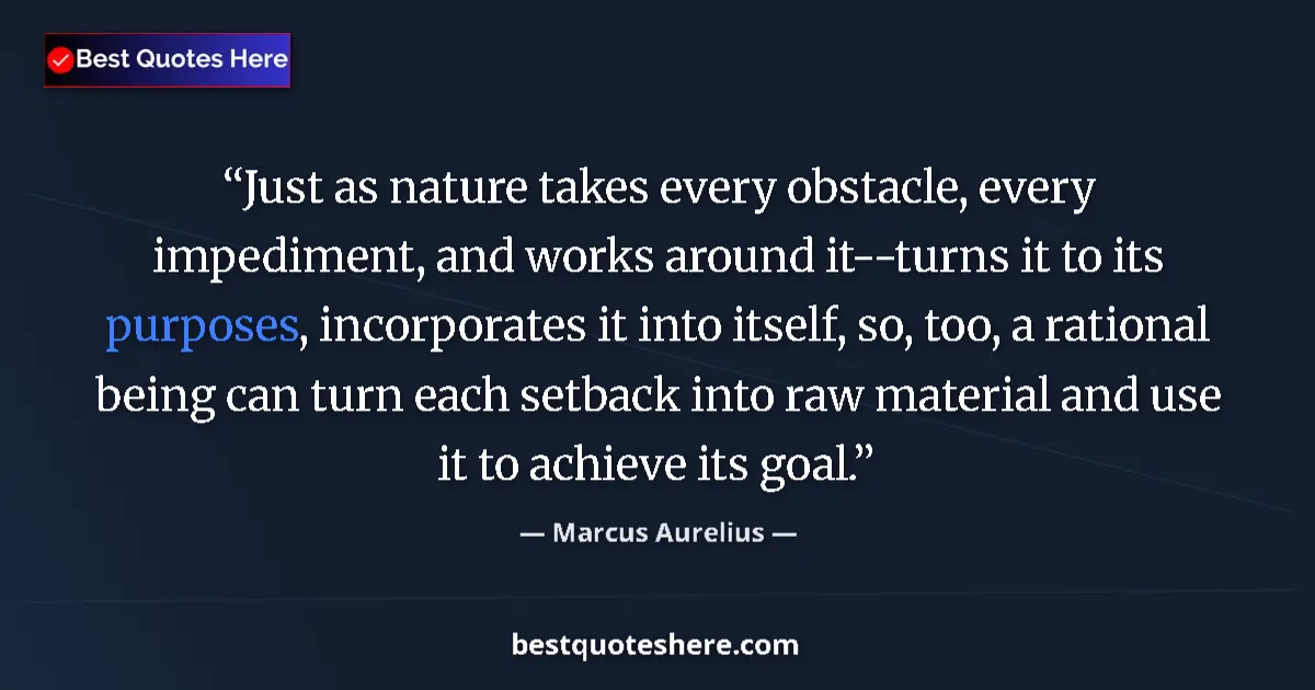Quote by Marcus Aurelius: Just as nature takes every obstacle, every impediment, and works around it--turns it to its purposes...