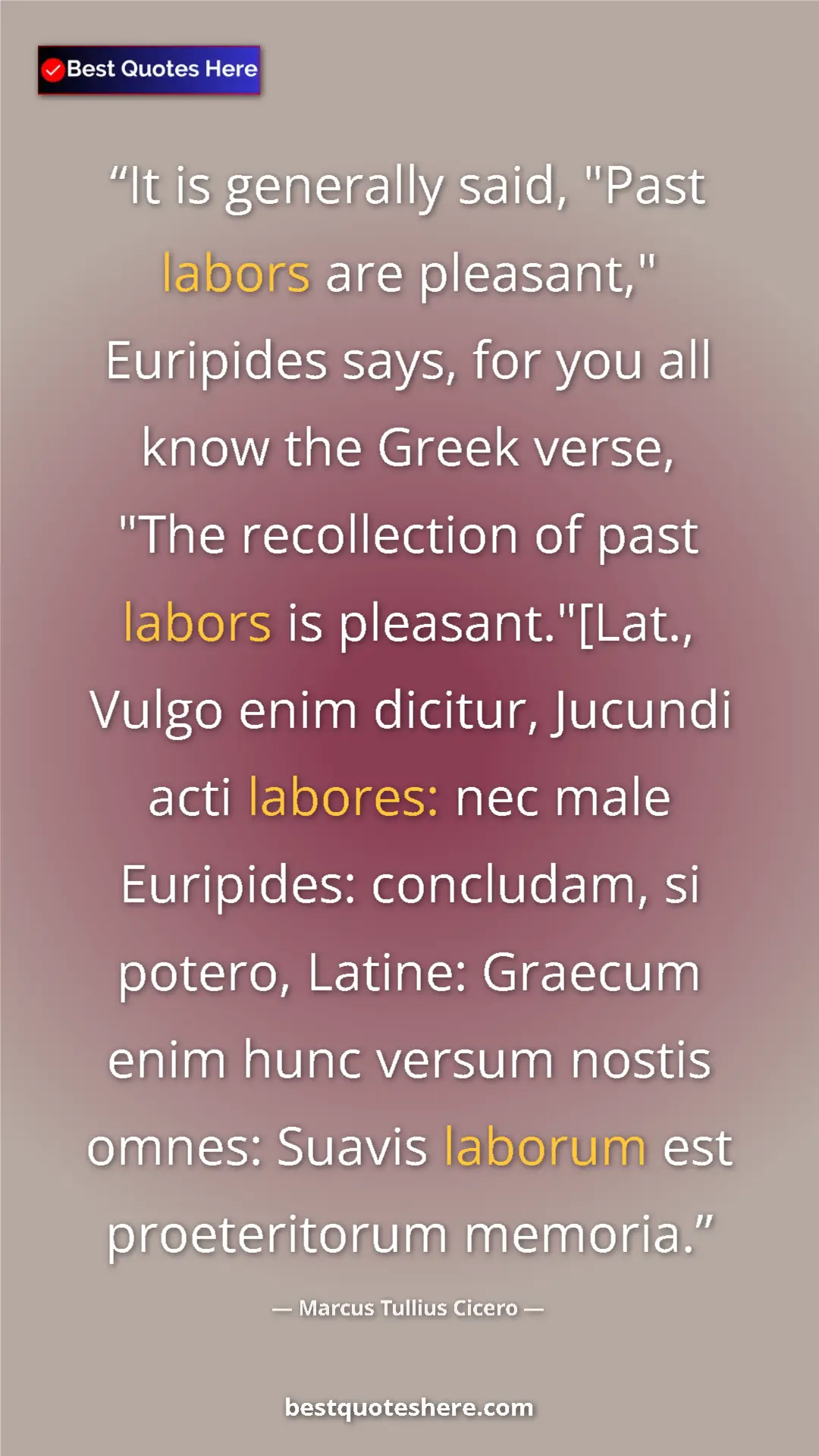 Marcus Tullius Cicero Quote Card: "It is generally said, "Past labors are pleasant," Euripides..." Pinterest quote poster by Marcus Tullius Cicero: "It is generally said, "Past labors are pleasant," Euripides..."