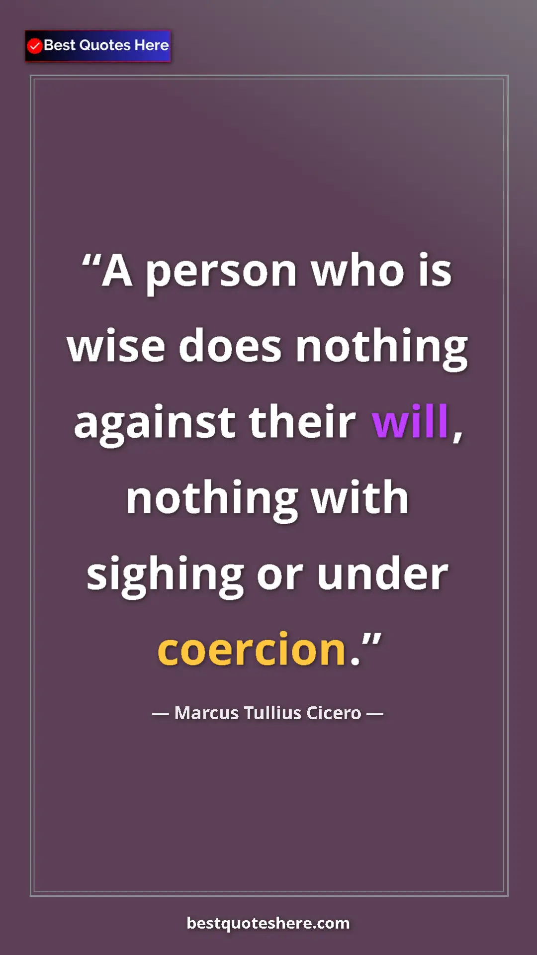 Pinterest quote poster by Marcus Tullius Cicero: "A person who is wise does nothing against their will,..."