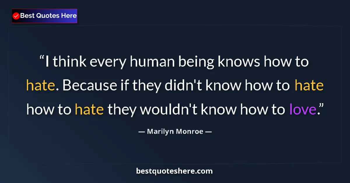 Marilyn Monroe quote: "I think every human being knows how to hate. Because if..."
