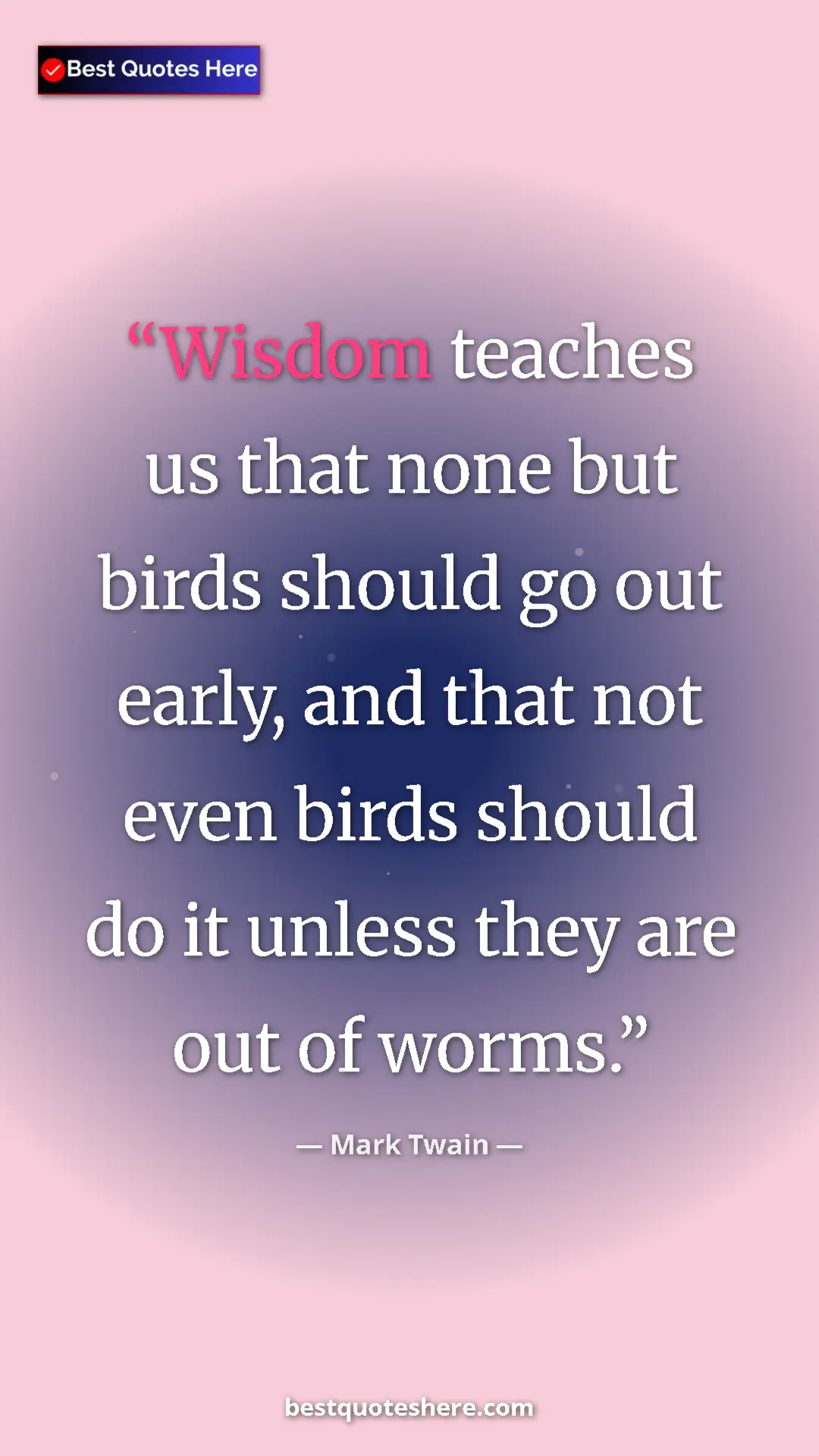 Pinterest quote poster by Mark Twain: "Wisdom teaches us that none but birds should go out early,..."