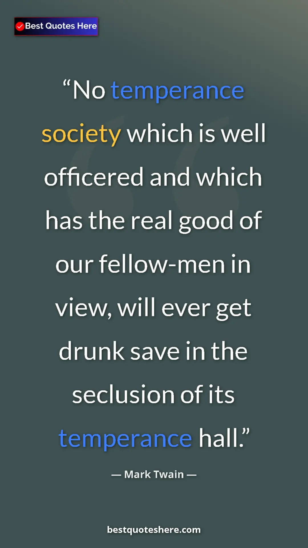 Pinterest quote poster by Mark Twain: "No temperance society which is well officered and which has..."