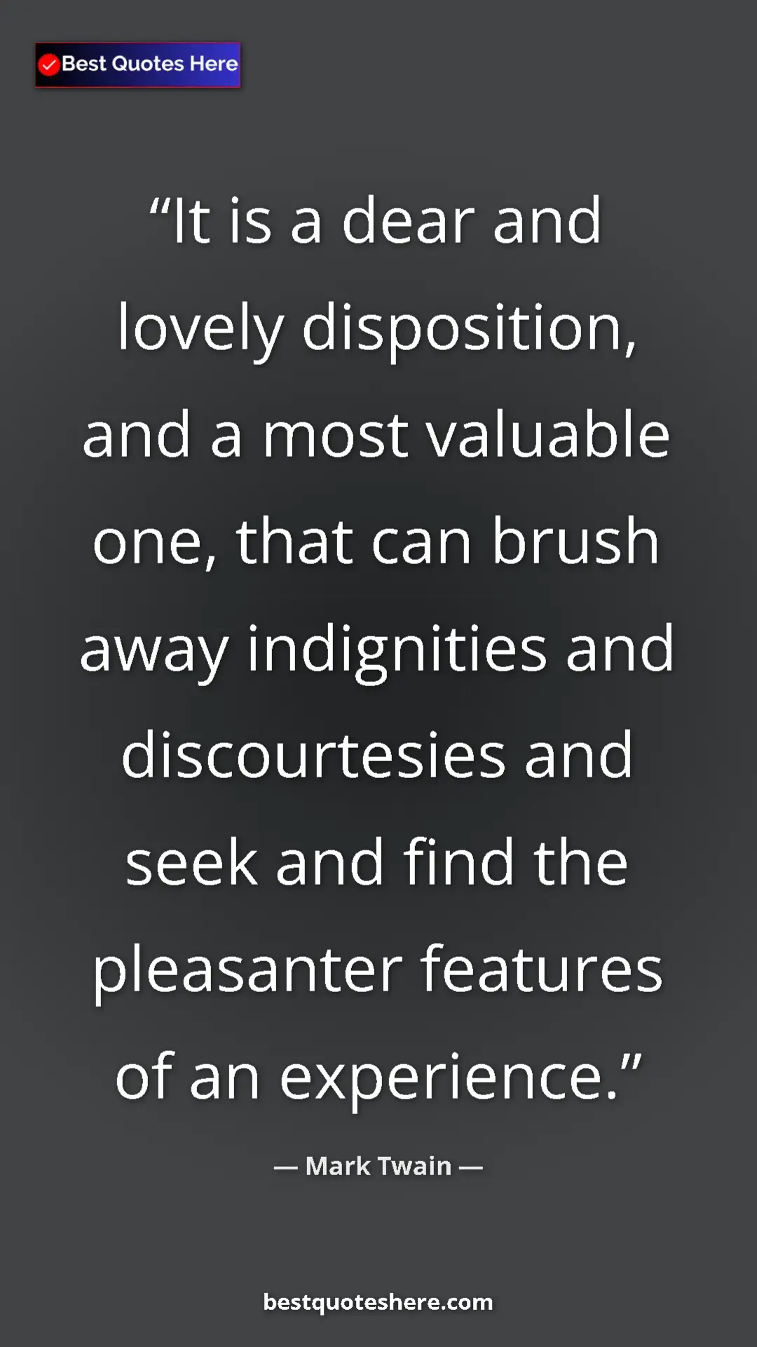 Pinterest quote poster by Mark Twain: "It is a dear and lovely disposition, and a most valuable..."