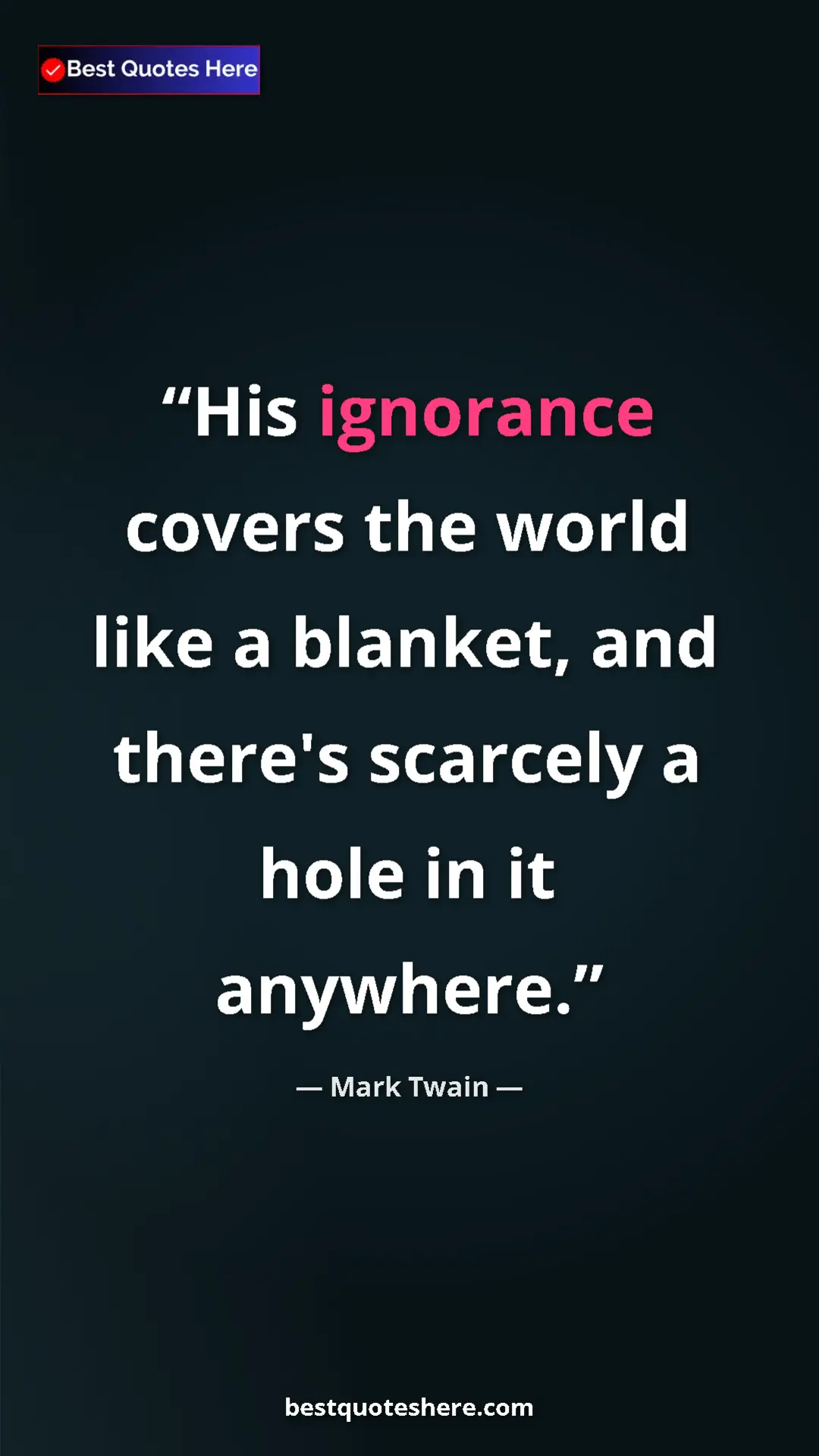 Pinterest quote poster by Mark Twain: "His ignorance covers the world like a blanket, and there's..."