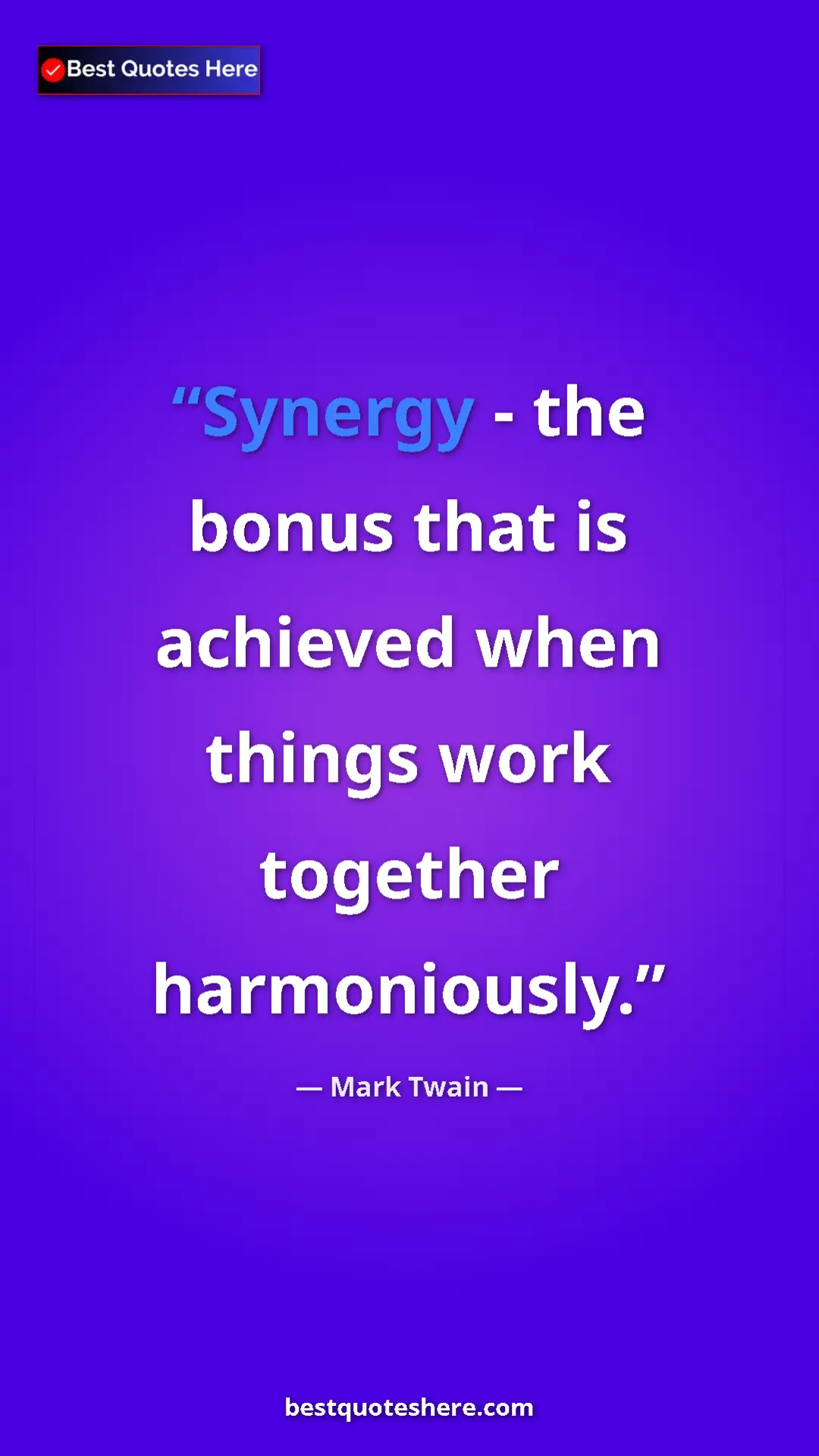 Pinterest quote poster by Mark Twain: "Synergy - the bonus that is achieved when things work..."
