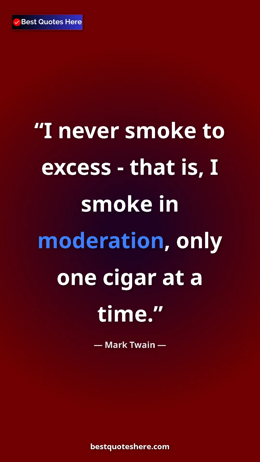 Pinterest quote poster by Mark Twain: "I never smoke to excess - that is, I smoke in moderation,..."