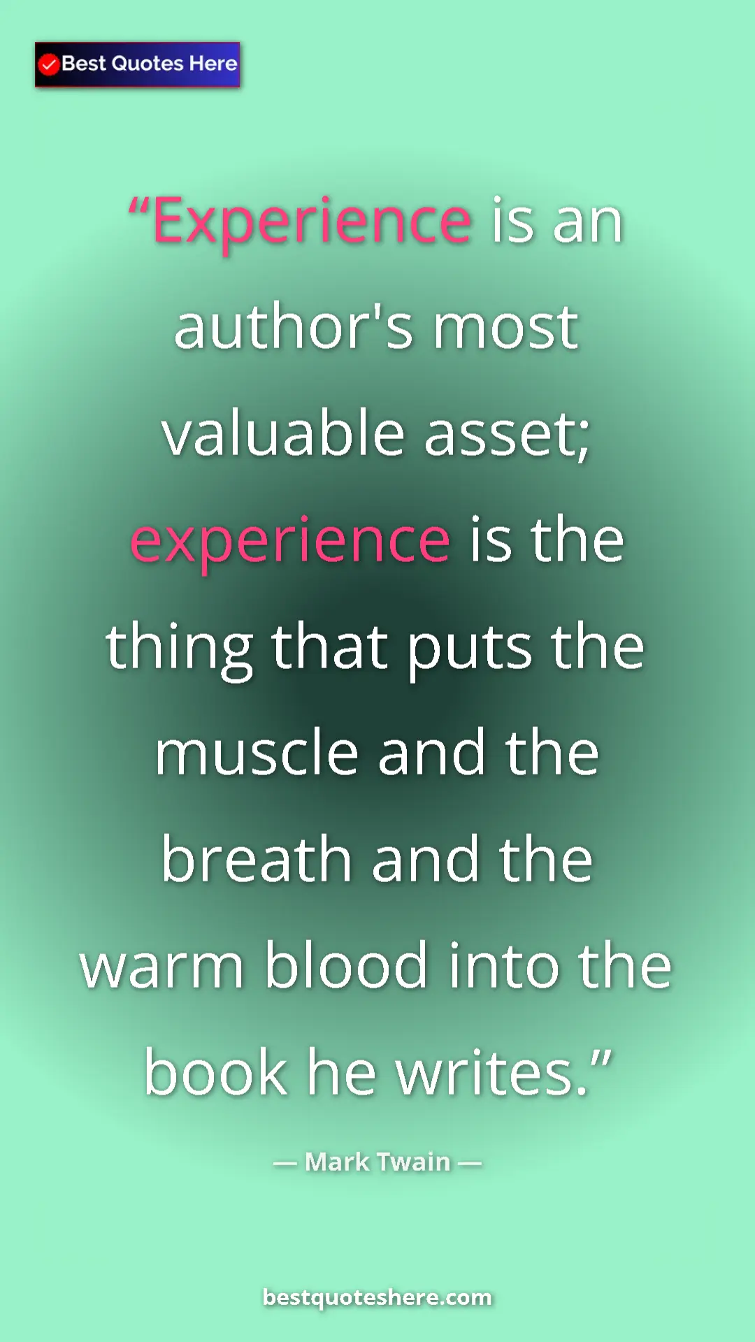Pinterest quote poster by Mark Twain: "Experience is an author's most valuable asset; experience..."