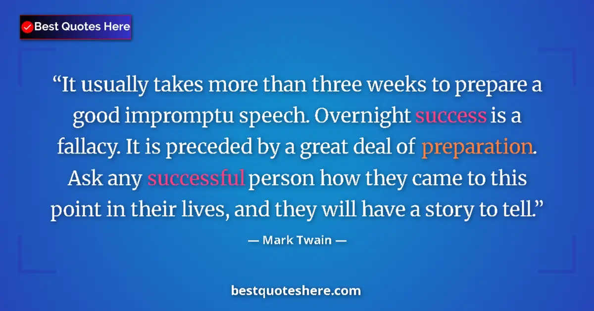 Image for the quote by Mark Twain: It usually takes more than three weeks to prepare a good impromptu speech. Overnight success is a fa...