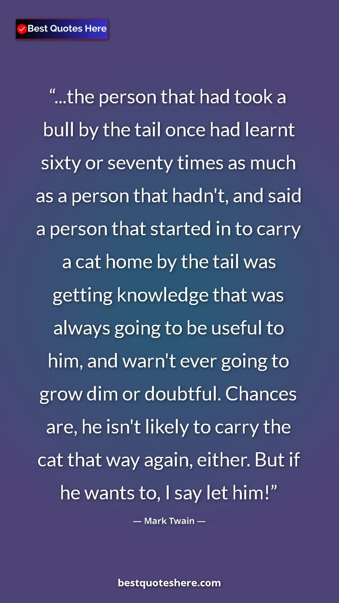 Mark Twain Quote Card: "...the person that had took a bull by the tail once had..." Pinterest quote poster by Mark Twain: "...the person that had took a bull by the tail once had..."