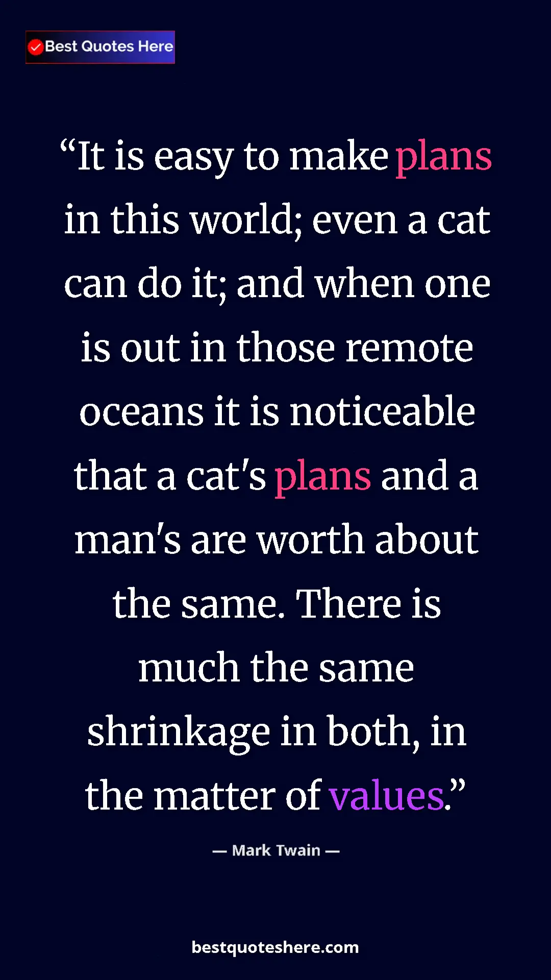 Pinterest quote poster by Mark Twain: "It is easy to make plans in this world; even a cat can do..."