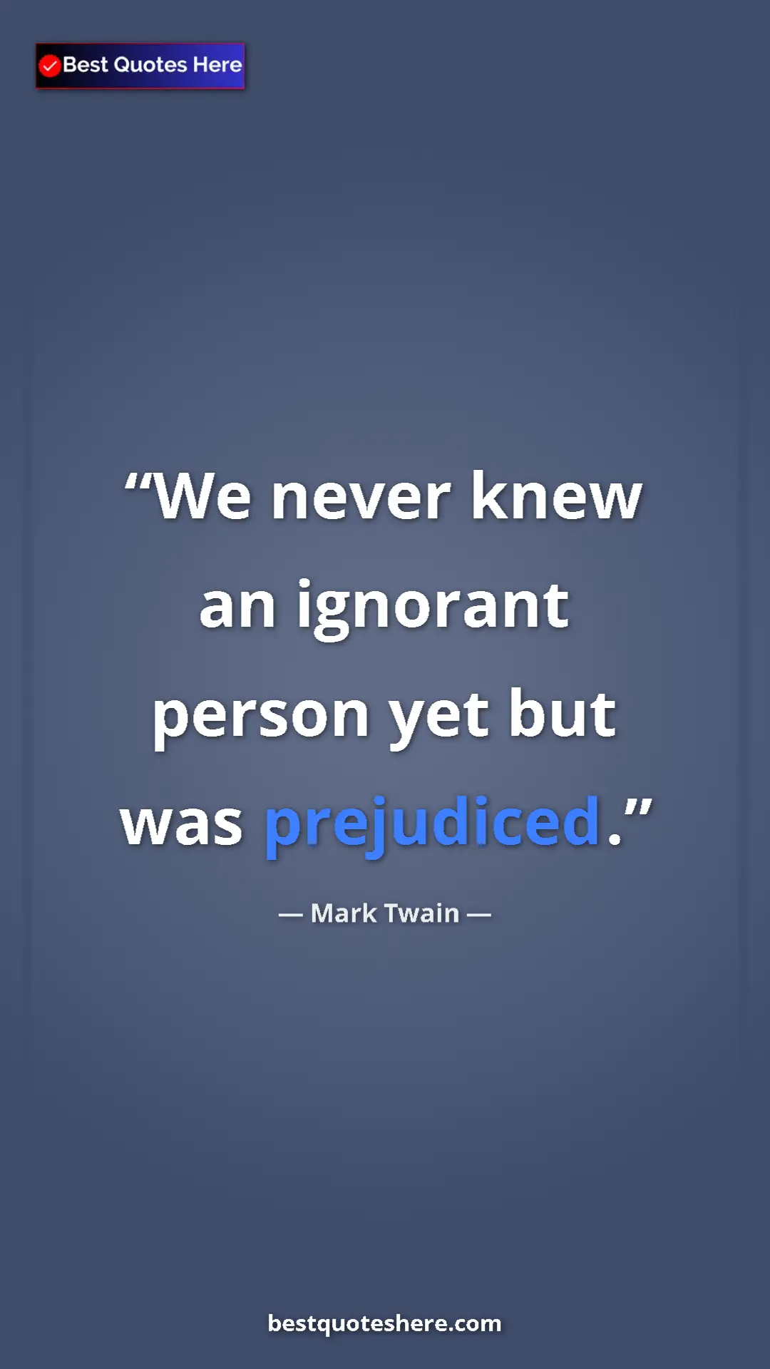 Pinterest quote poster by Mark Twain: "We never knew an ignorant person yet but was prejudiced."