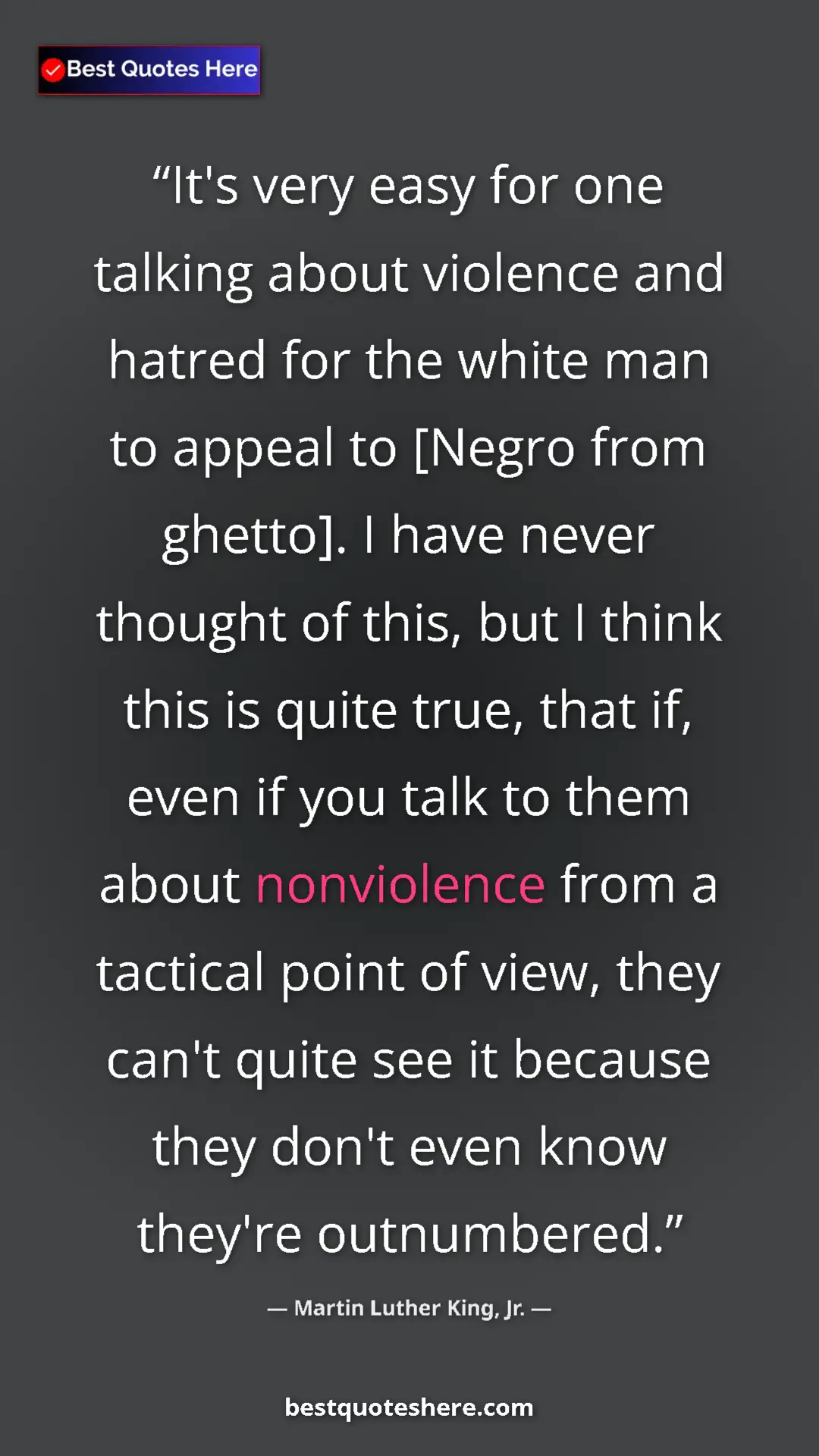 Martin Luther King, Jr. Quote Card: "It's very easy for one talking about violence and hatred..." Pinterest quote poster by Martin Luther King, Jr.: "It's very easy for one talking about violence and hatred..."