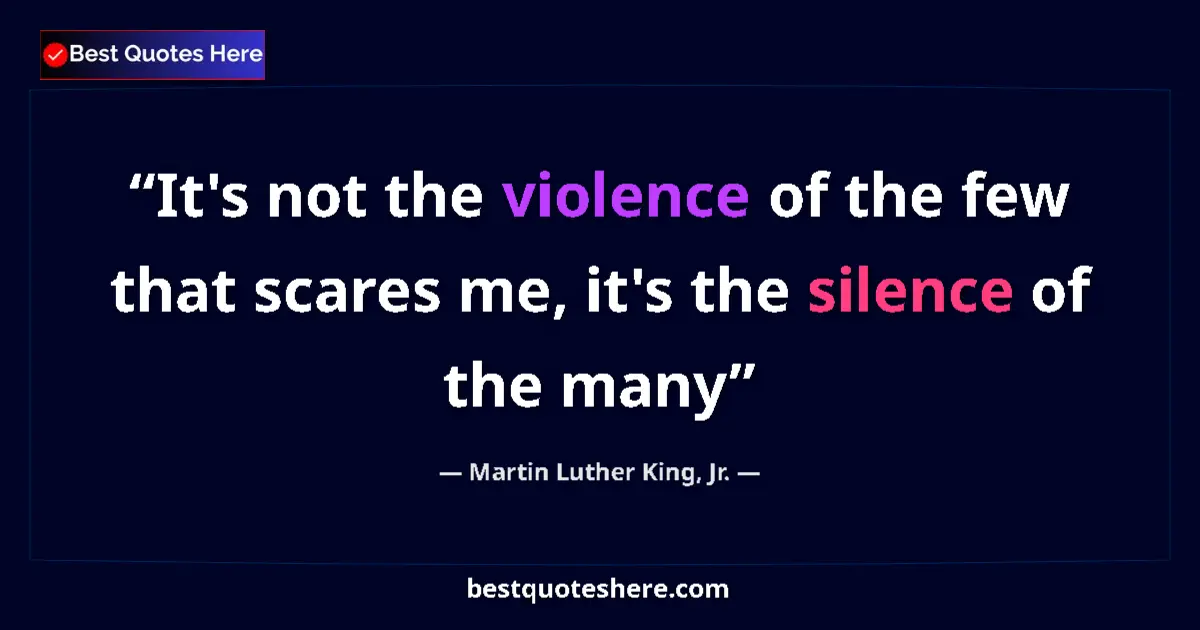 Quote by Martin Luther King, Jr.: It's not the violence of the few that scares me, it's the silence of the many...