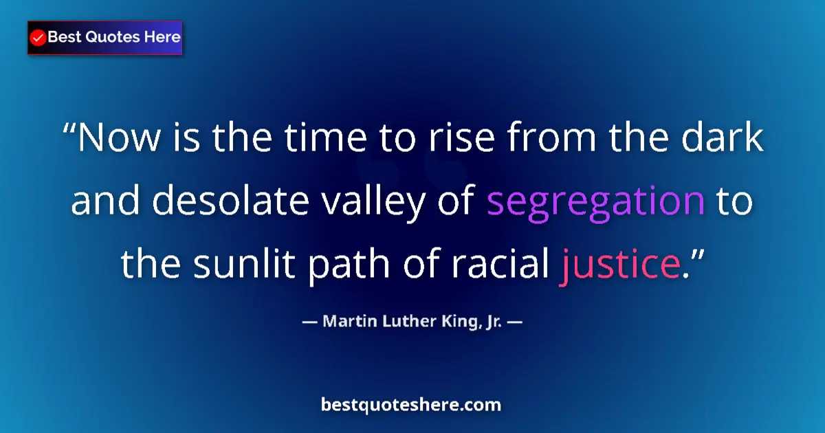 Quote by Martin Luther King, Jr.: Now is the time to rise from the dark and desolate valley of segregation to the sunlit path of racia...