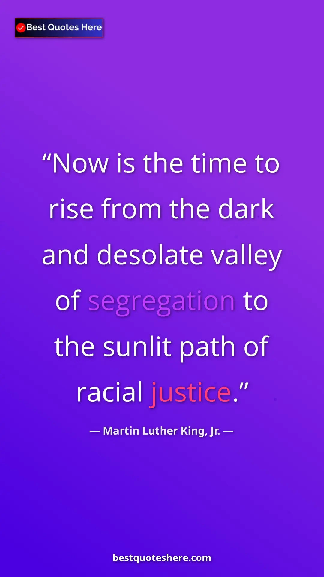 Martin Luther King, Jr. Quote Card: "Now is the time to rise from the dark and desolate valley..." Pinterest quote poster by Martin Luther King, Jr.: "Now is the time to rise from the dark and desolate valley..."