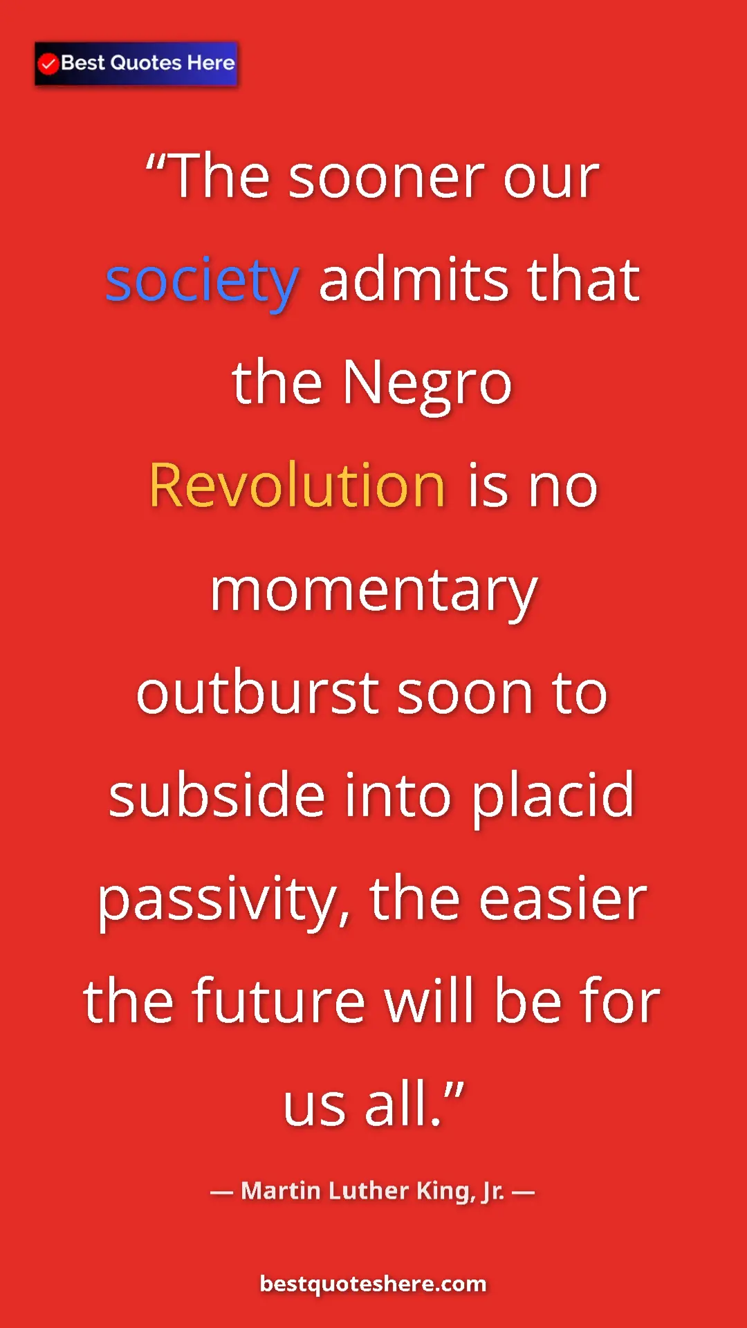 Pinterest quote poster by Martin Luther King, Jr.: "The sooner our society admits that the Negro Revolution is..."
