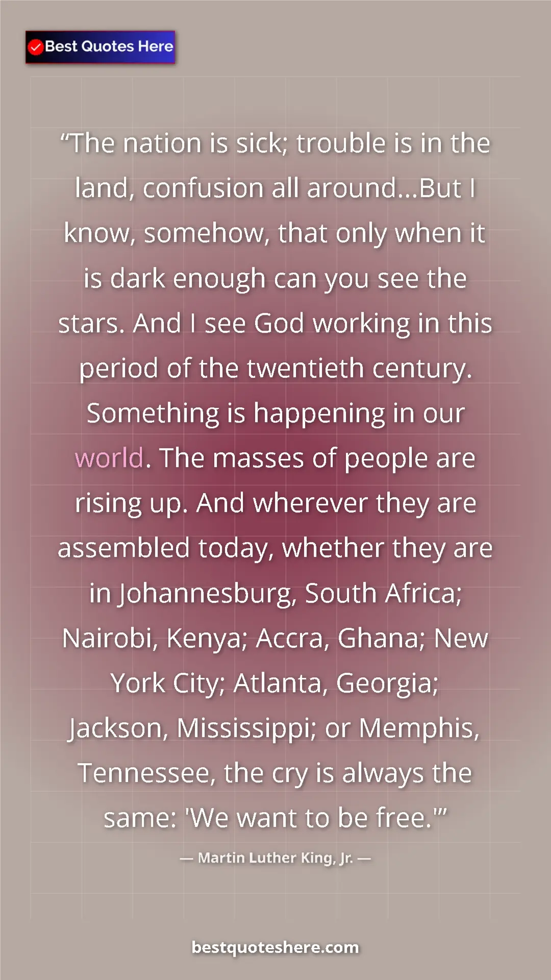 Martin Luther King, Jr. Quote Card: "The nation is sick; trouble is in the land, confusion all..." Pinterest quote poster by Martin Luther King, Jr.: "The nation is sick; trouble is in the land, confusion all..."
