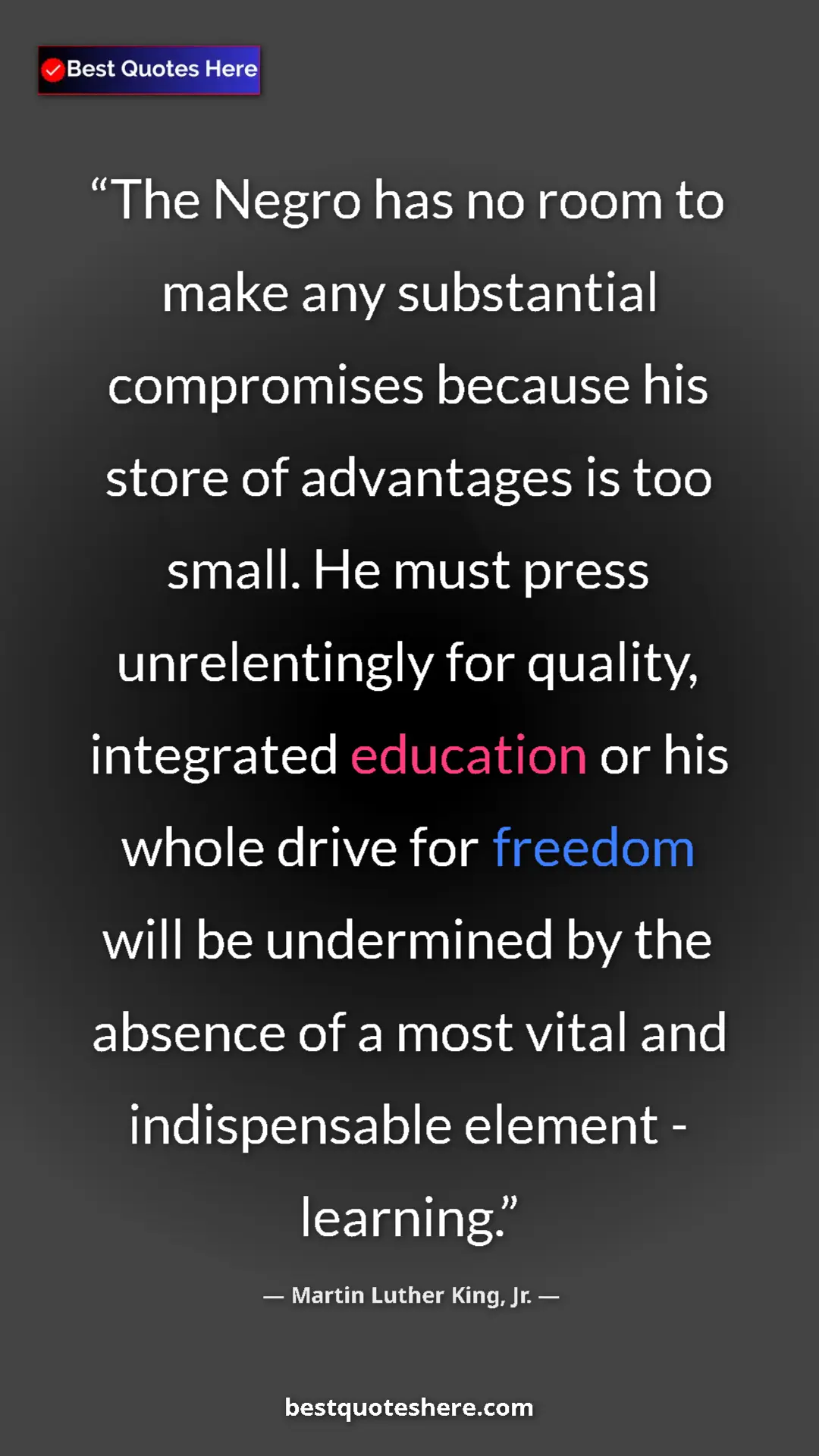 Martin Luther King, Jr. Quote Card: "The Negro has no room to make any substantial compromises..." Pinterest quote poster by Martin Luther King, Jr.: "The Negro has no room to make any substantial compromises..."