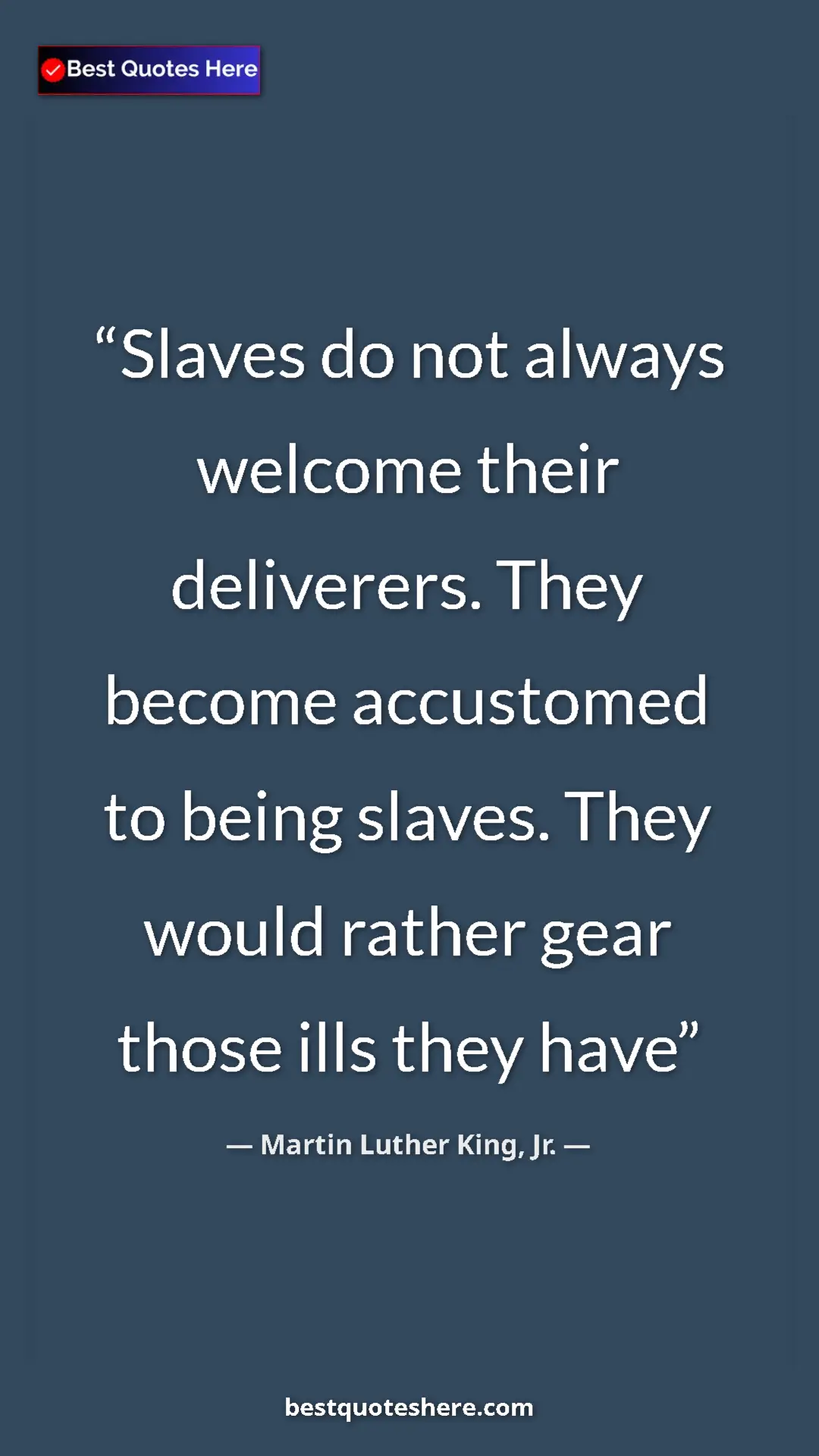 Pinterest quote poster by Martin Luther King, Jr.: "Slaves do not always welcome their deliverers. They become..."