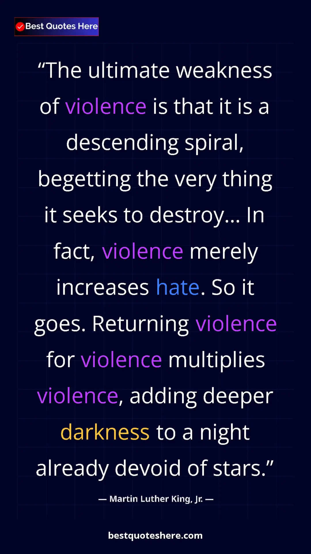 Martin Luther King, Jr. Quote Card: "The ultimate weakness of violence is that it is a..." Pinterest quote poster by Martin Luther King, Jr.: "The ultimate weakness of violence is that it is a..."