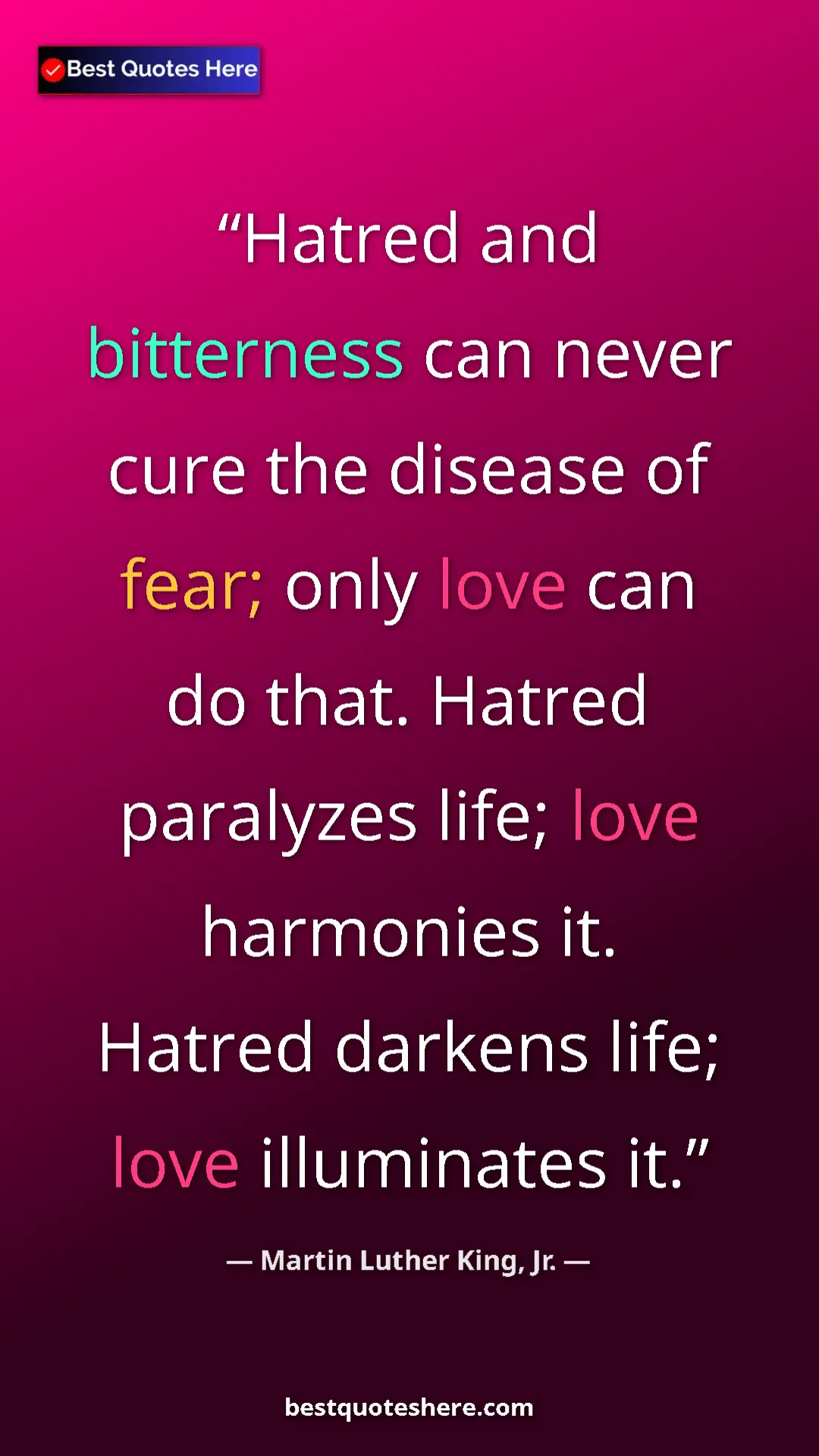 Martin Luther King, Jr. Quote Card: "Hatred and bitterness can never cure the disease of fear;..." Pinterest quote poster by Martin Luther King, Jr.: "Hatred and bitterness can never cure the disease of fear;..."