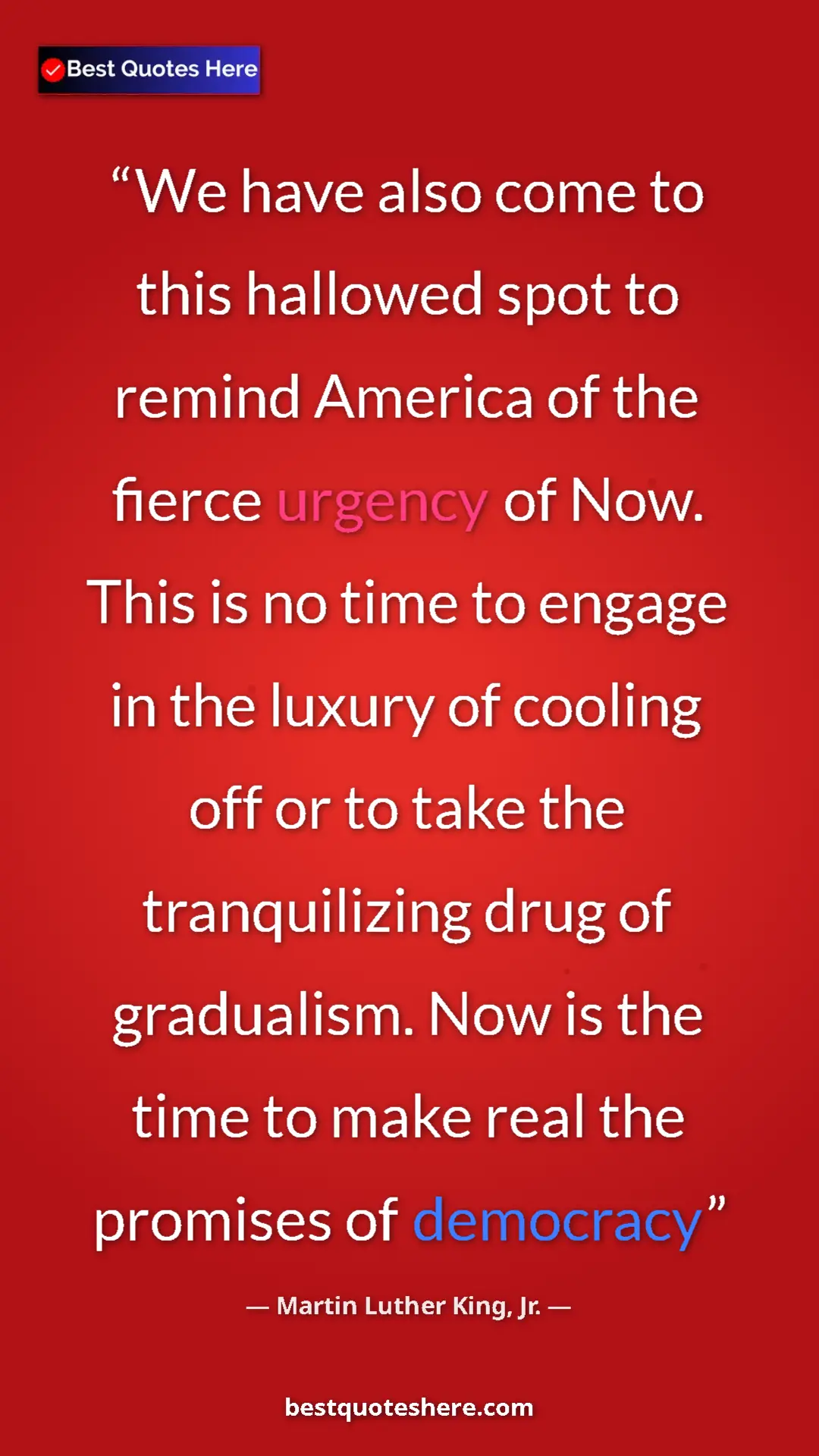 Pinterest quote poster by Martin Luther King, Jr.: "We have also come to this hallowed spot to remind America..."