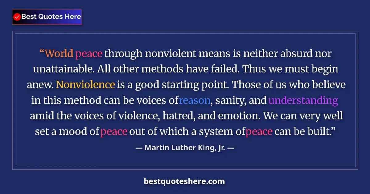 Quote by Martin Luther King, Jr.: World peace through nonviolent means is neither absurd nor unattainable. All other methods have fail...